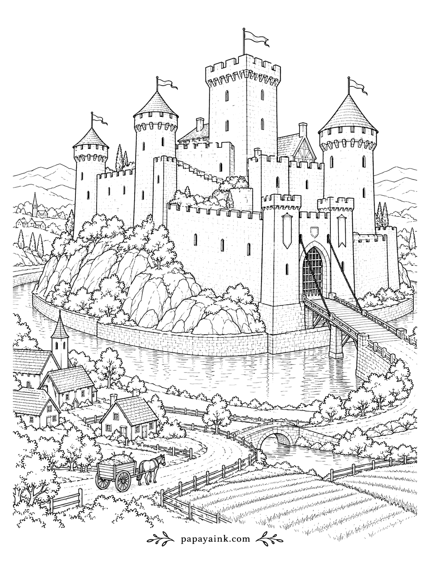 Castle Coloring Pages - Medieval castle on a rocky island surrounded by a moat, with a drawbridge, a village, and a horse cart on the road. Detailed
