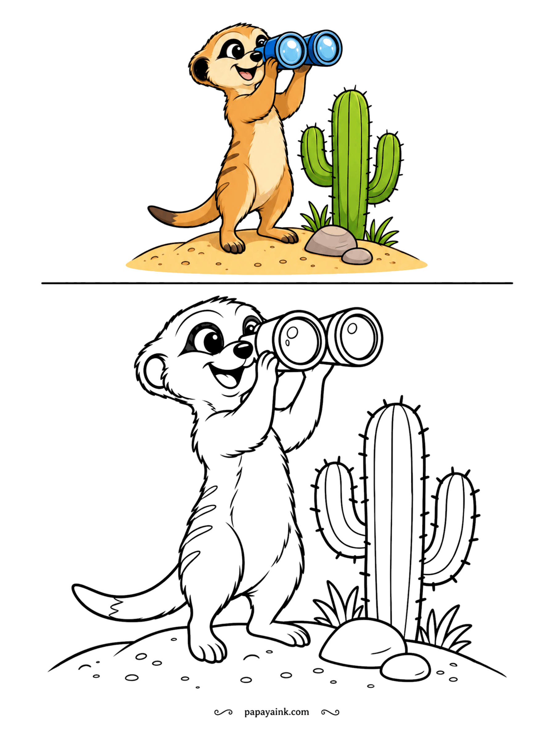 Copy Coloring Pages - On lookout in the desert, the meerkat has upgraded to binoculars. Meerkats take turns as sentries while the rest of the group feeds. A tall cactus and a sandy mound complete the scene - simple shapes for younger colorists.