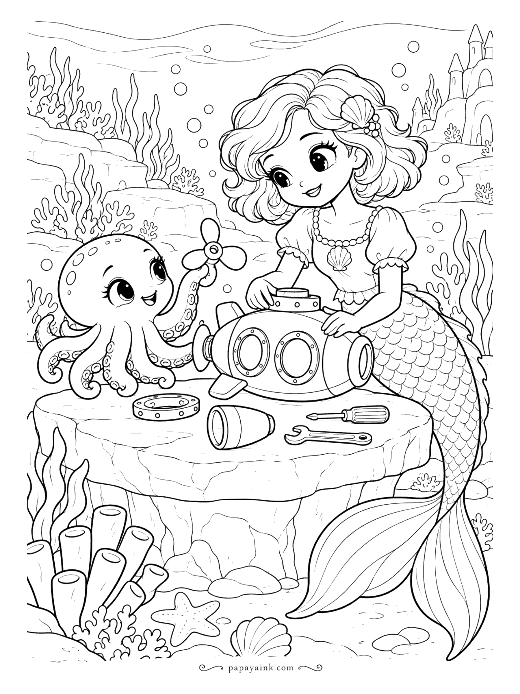 Cute Mermaid Coloring Pages - Workshop day on a flat rock: the toy submarine is in pieces, and an octopus hands over the propeller with one arm while keeping the others free for the wrench and the screwdriver.