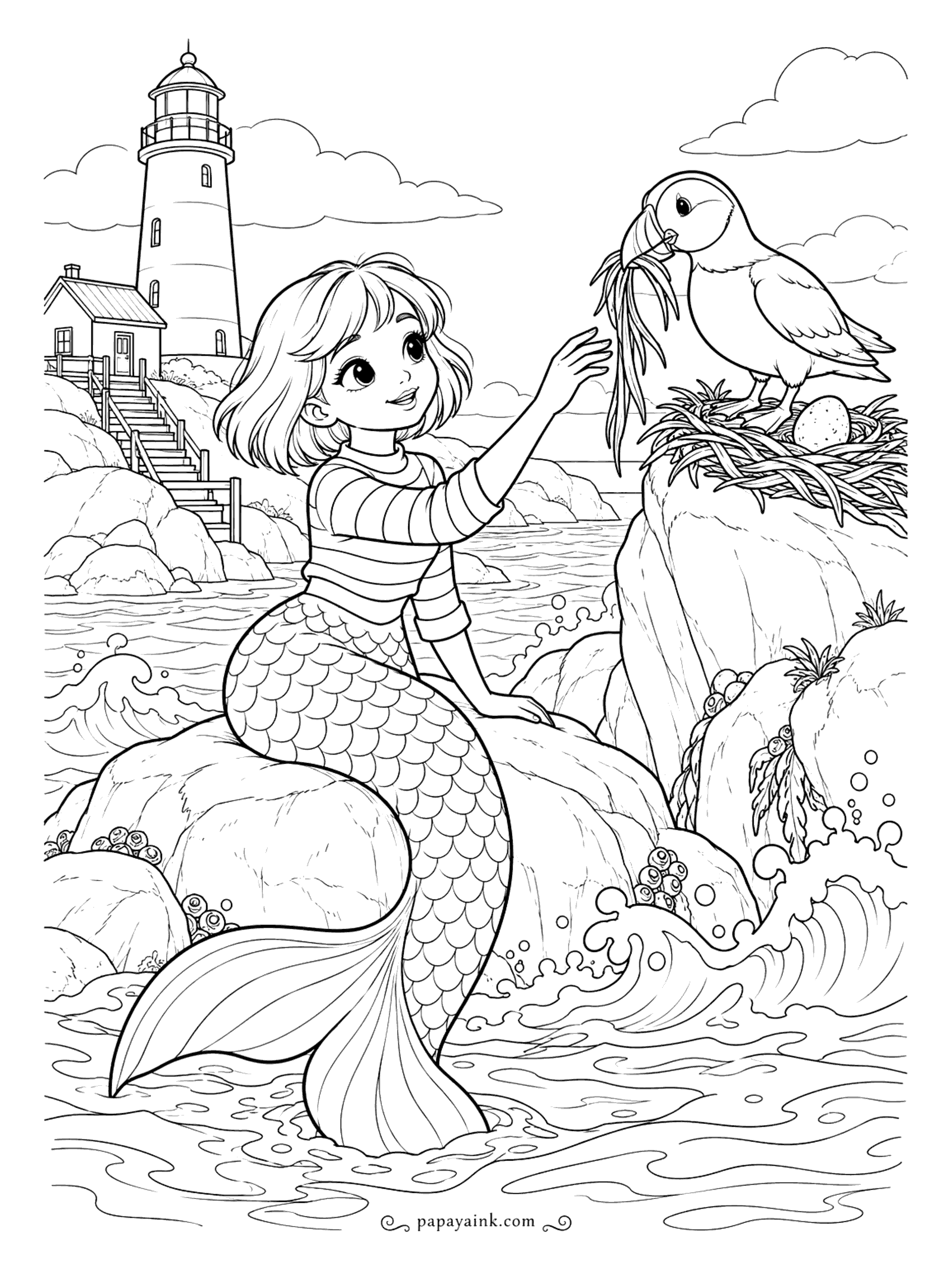 Cute Mermaid Coloring Pages - Nest building goes faster with help: a puffin arrives with a beakful of seaweed for a nest that already holds one speckled egg, and she reaches up to lend a hand. Waves, clouds, a lighthouse and a striped shirt - a breezy page.