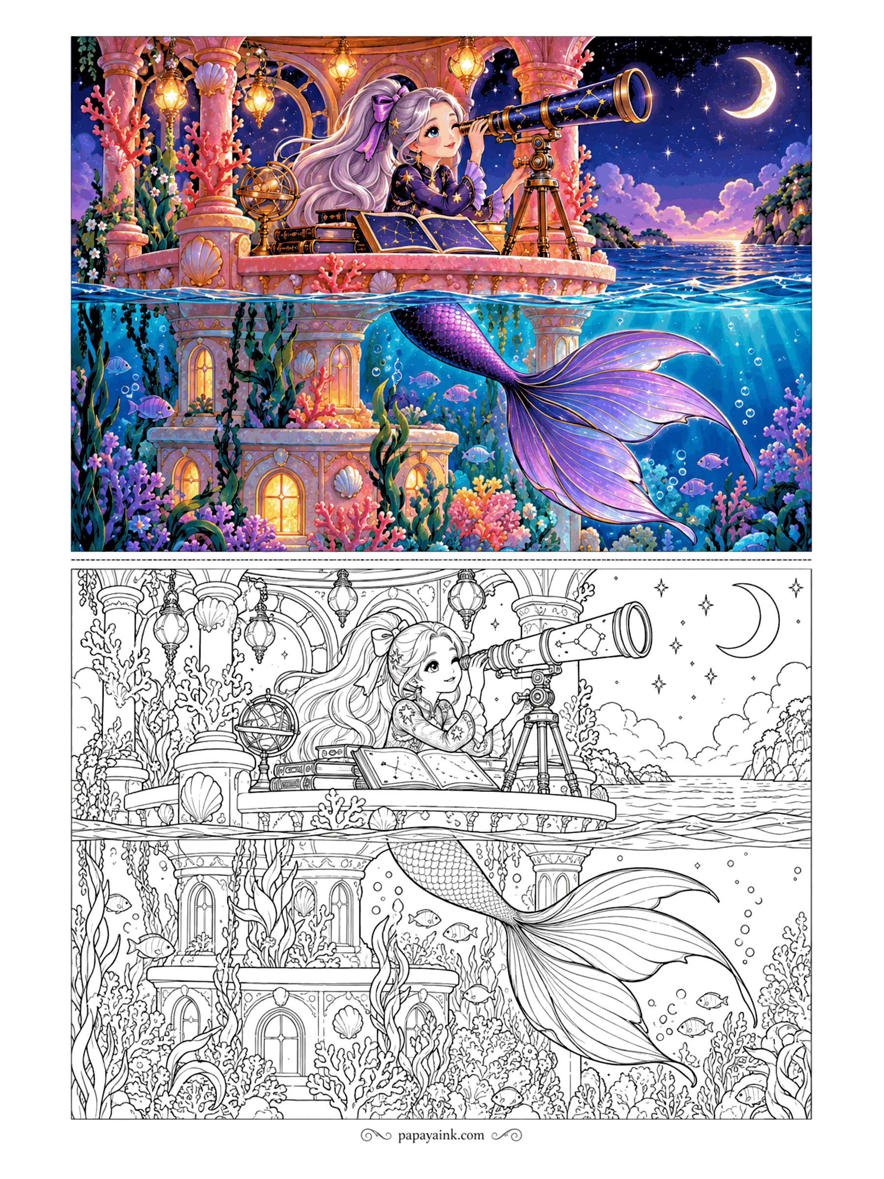 Cute Mermaid Coloring Pages - Night shift at the coral observatory: telescope trained on a crescent moon, star chart open on the balcony, tail still trailing in the lit water below. Very detailed - arches, lanterns, coral and fish from top to bottom.