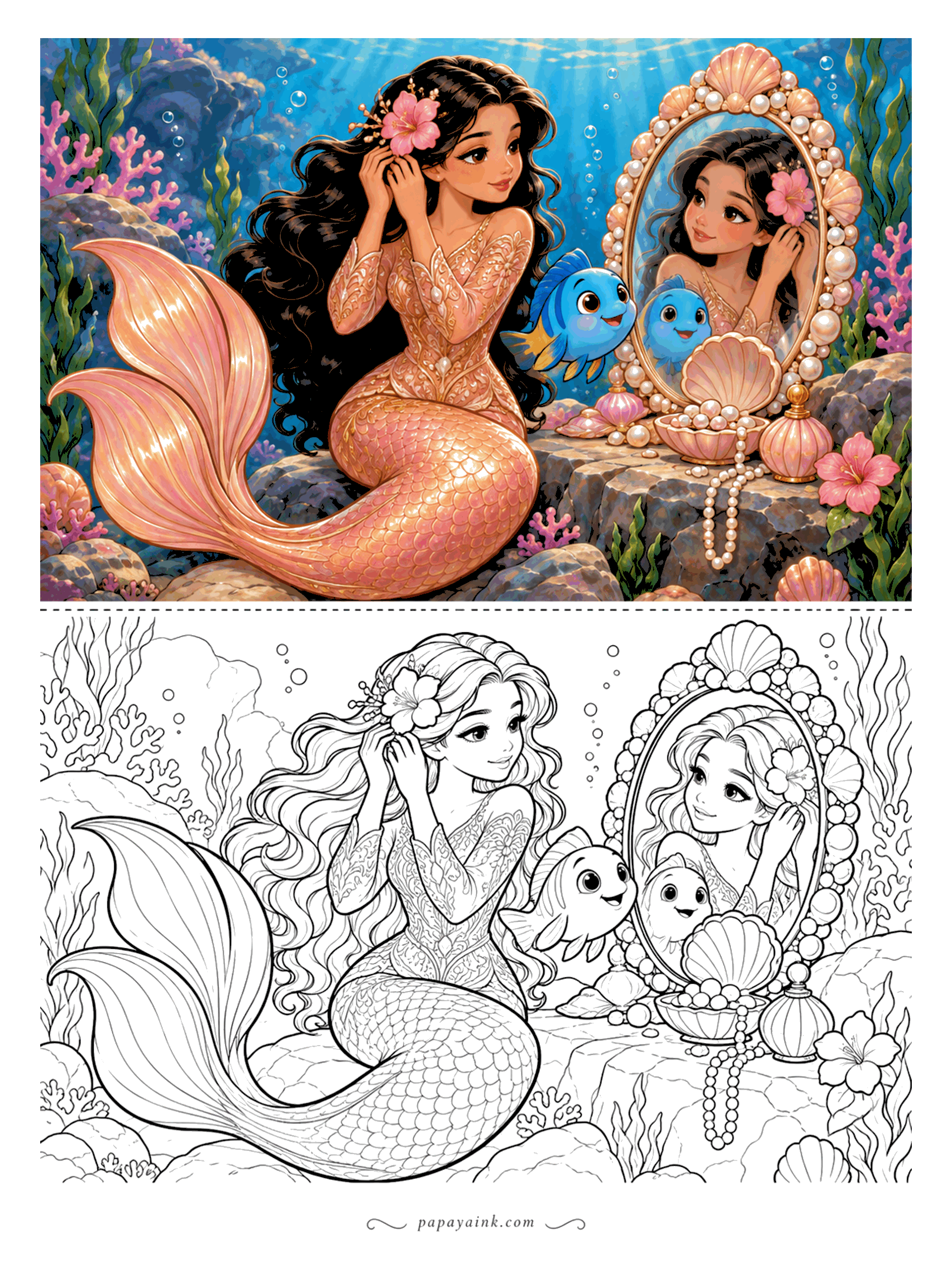 Cute Mermaid Coloring Pages - Getting ready at a vanity made of shells and pearls, she pins a hibiscus into her hair while a curious blue fish discovers its own reflection. Detailed - lace sleeves, a long fanned tail and strings of pearls.