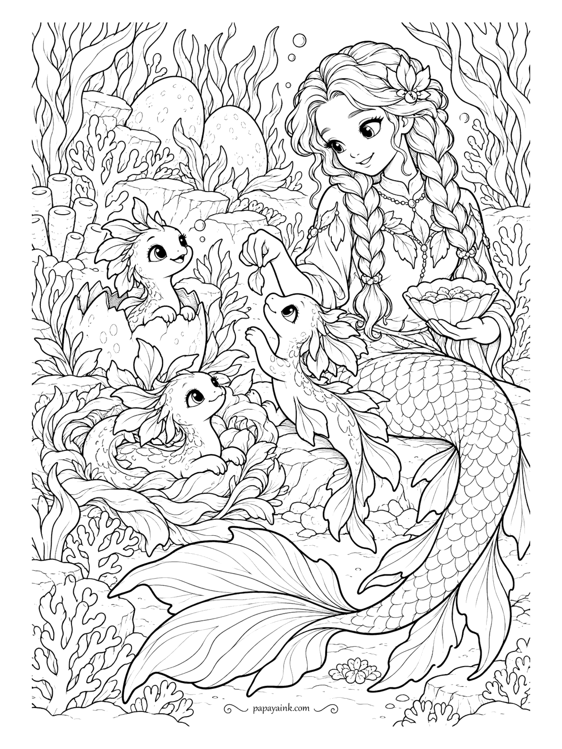 Cute Mermaid Coloring Pages - The first eggs have hatched, and the first meal comes by hand. Three leafy baby sea dragons crowd around, one still sitting in its shell, as she offers morsels from a scallop bowl. Very detailed - braids, leaf fins and coral on every side.
