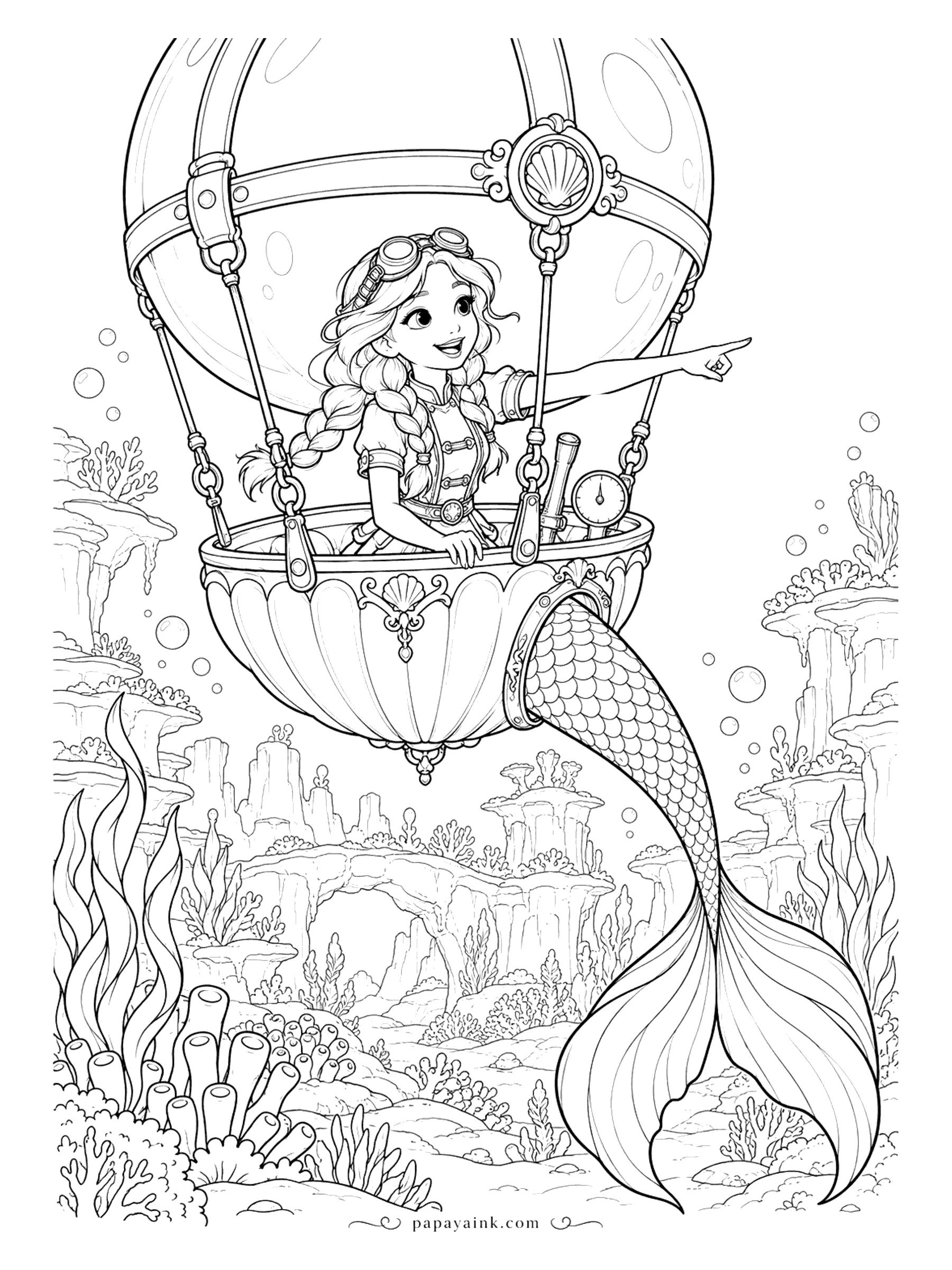 Cute Mermaid Coloring Pages - A giant bubble does the lifting, a shell does duty as the basket, and her tail hangs out through a porthole in the side. Goggles up, she points the way over a canyon of rock arches. Detailed - chains, a gauge and a spyglass.