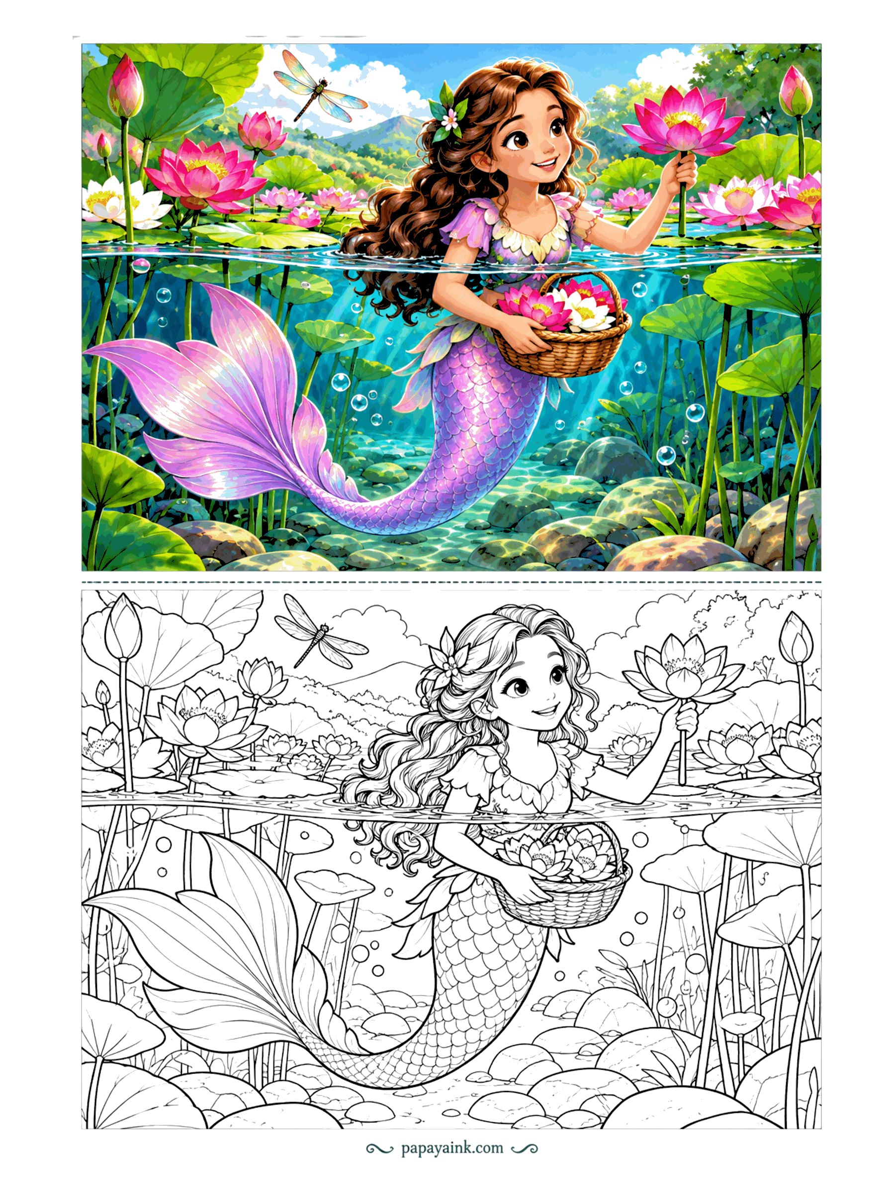 Cute Mermaid Coloring Pages - Lotus season on the pond: the basket is nearly full, and the best bloom is held up to the sun for one more look while a dragonfly hovers by. The sheet is split at the waterline - petals and clouds above, tail and pebbles below.
