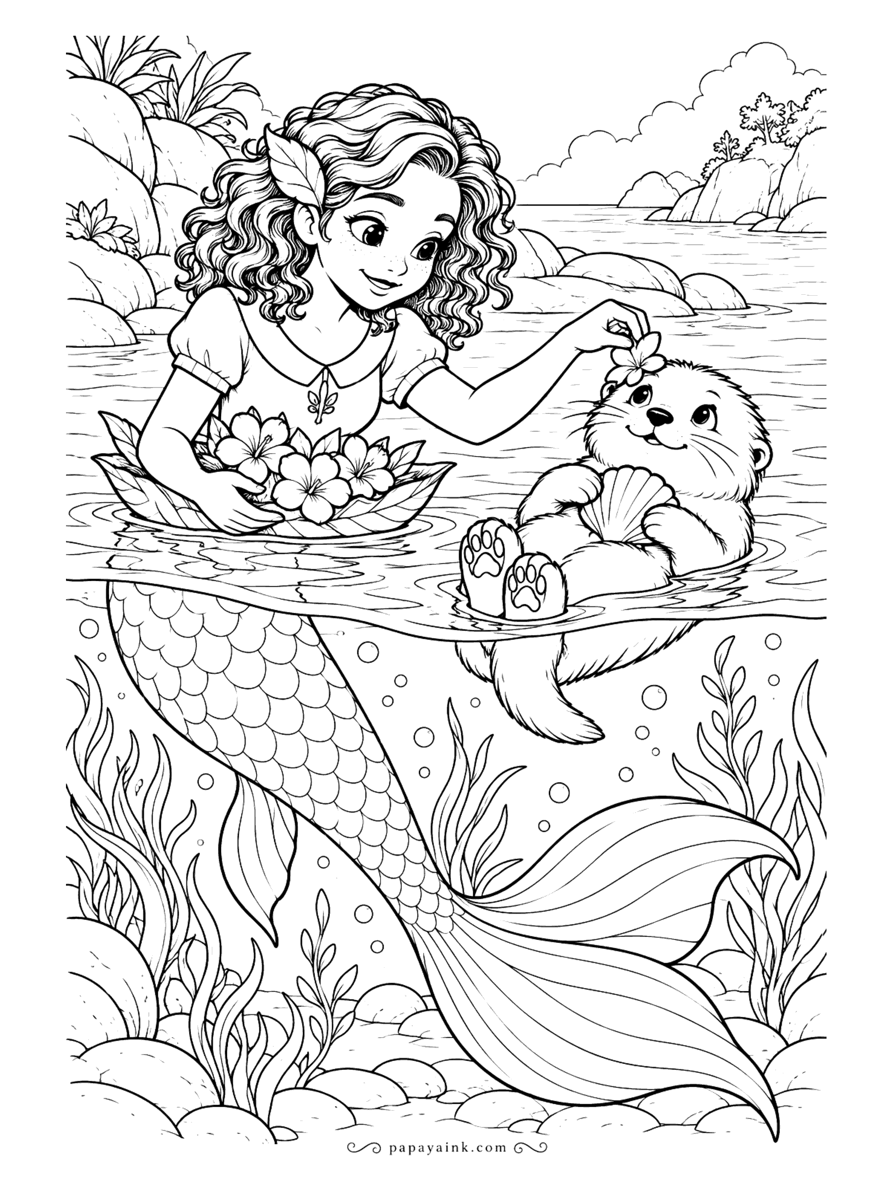 Cute Mermaid Coloring Pages - Floating on its back with a scallop on its belly, a sea otter gets a flower set on its head from a leaf basket full of blossoms. Split at the waterline - rocky shore above, tail and seaweed below.