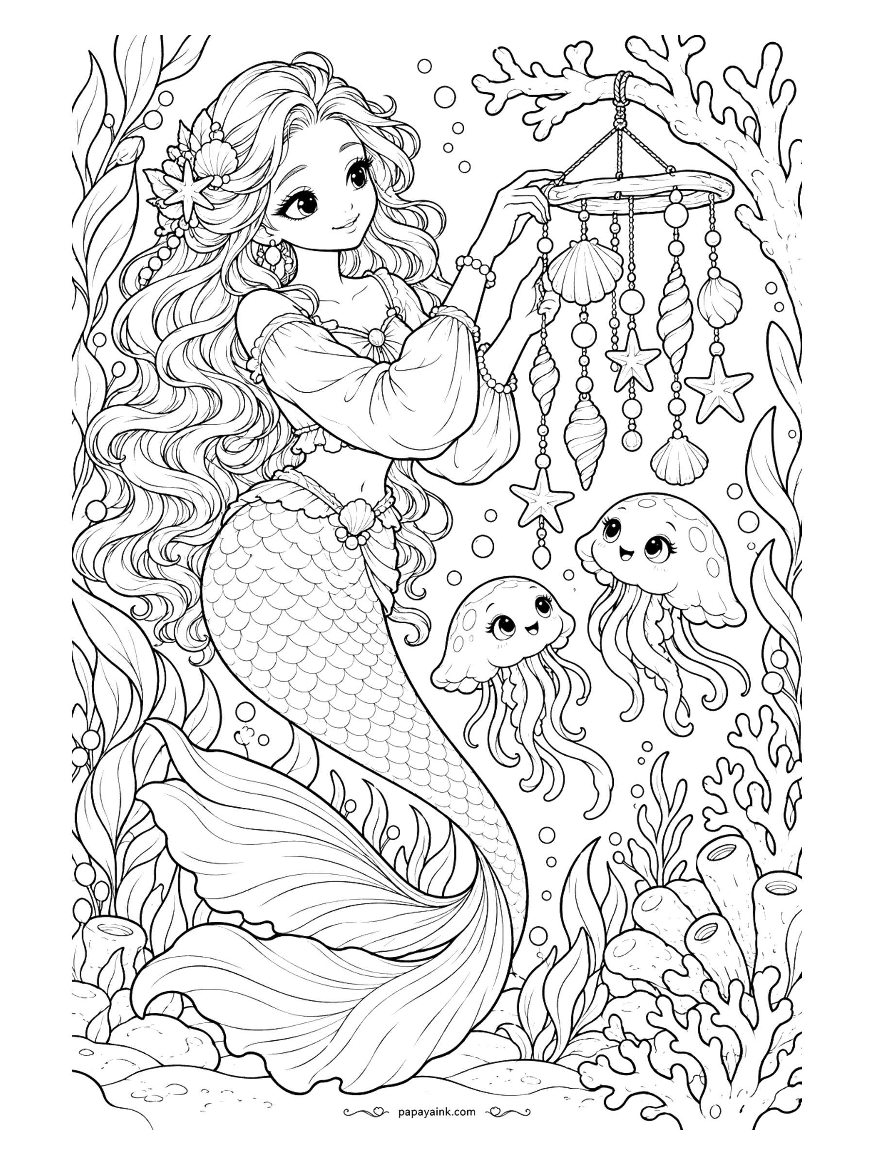 Cute Mermaid Coloring Pages - A driftwood ring, strings of shells, starfish and beads: she hangs the finished mobile from a coral branch as a pair of little jellyfish float up for a closer look.