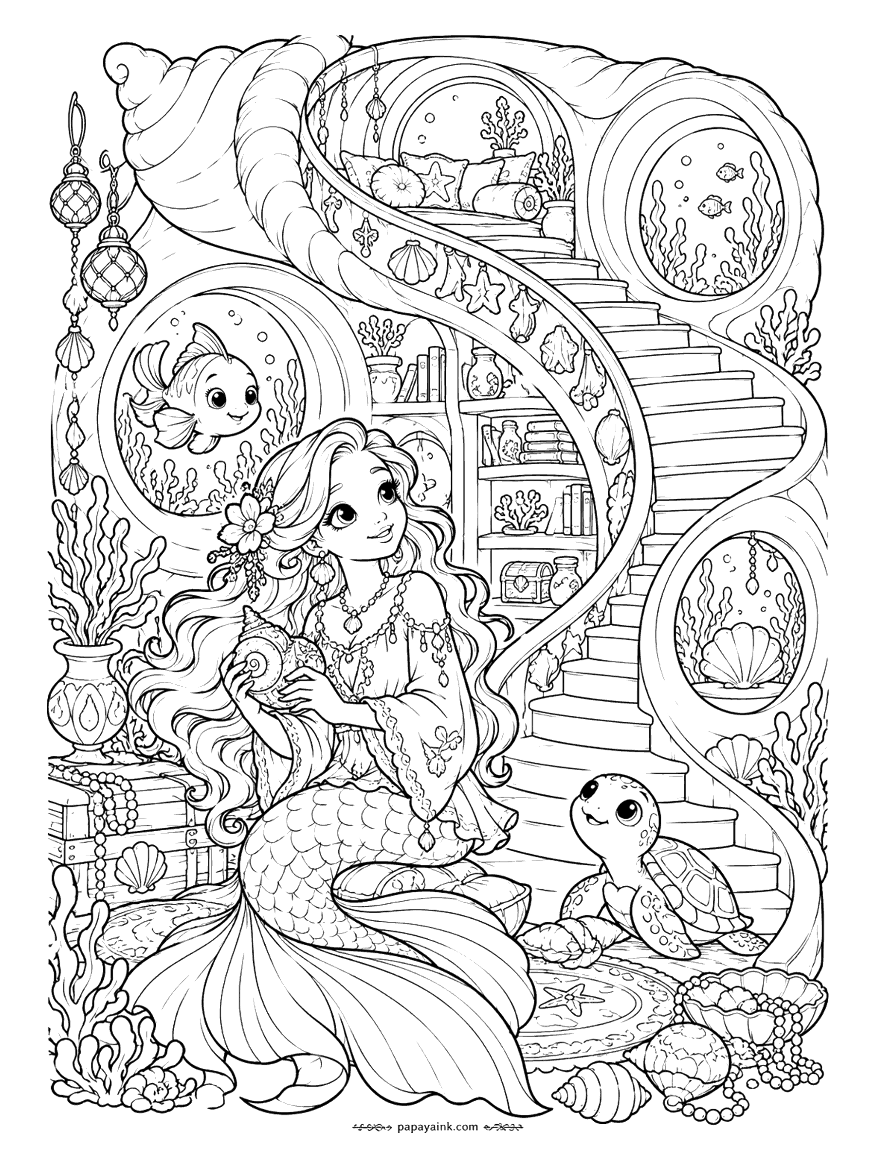Cute Mermaid Coloring Pages - Home is a giant conch with a staircase winding up to a cushioned nook. She sits listening to a seashell while a baby turtle waits its turn and a fish looks in through the round window. Very detailed - shelves, lanterns and porthole views.