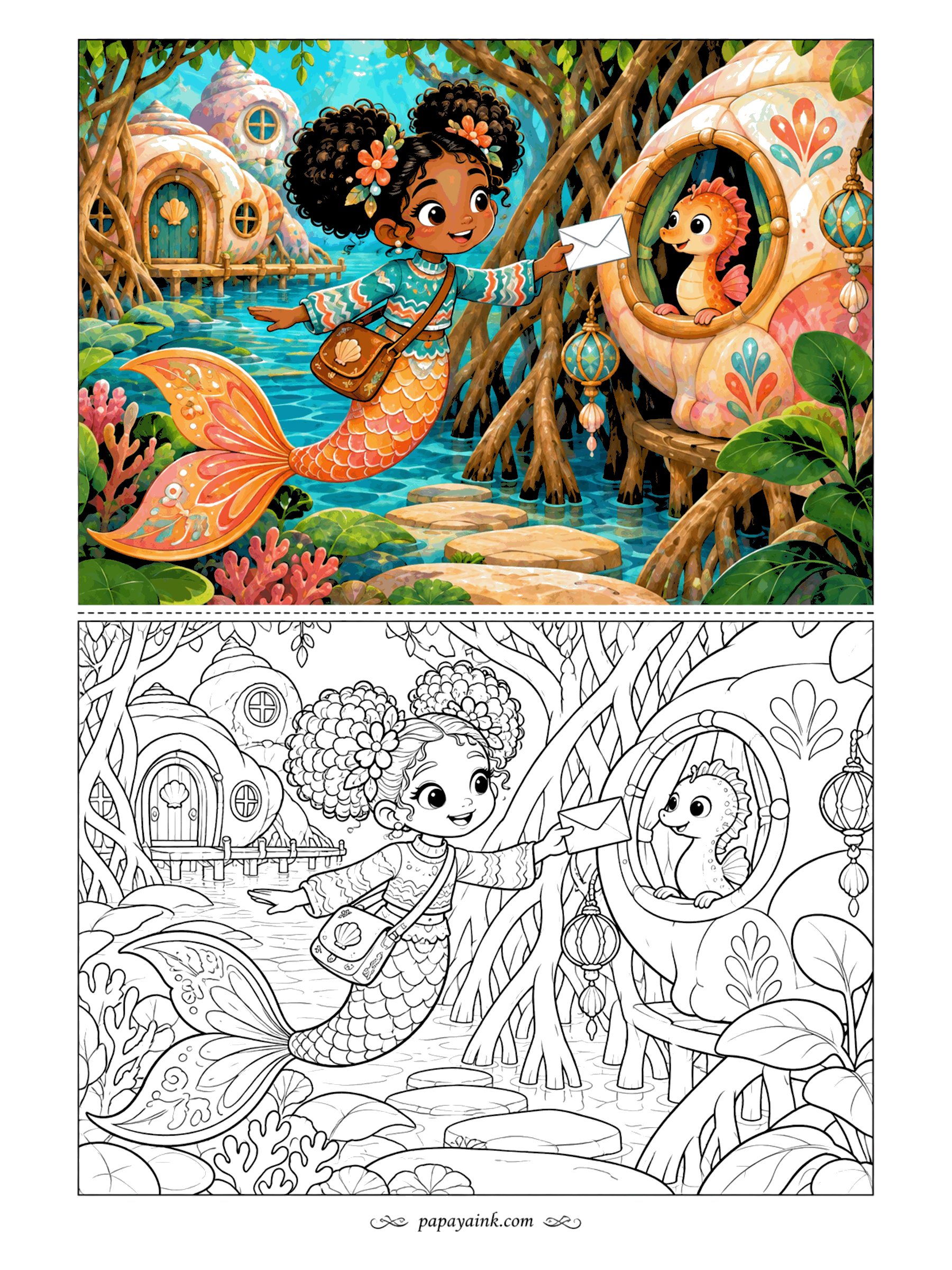 Cute Mermaid Coloring Pages - Mail comes by tail in the mangroves. A letter goes straight through the round window of a shell house to a seahorse who has clearly been waiting for it. Detailed - tangled roots, hanging lanterns and a patterned tail.