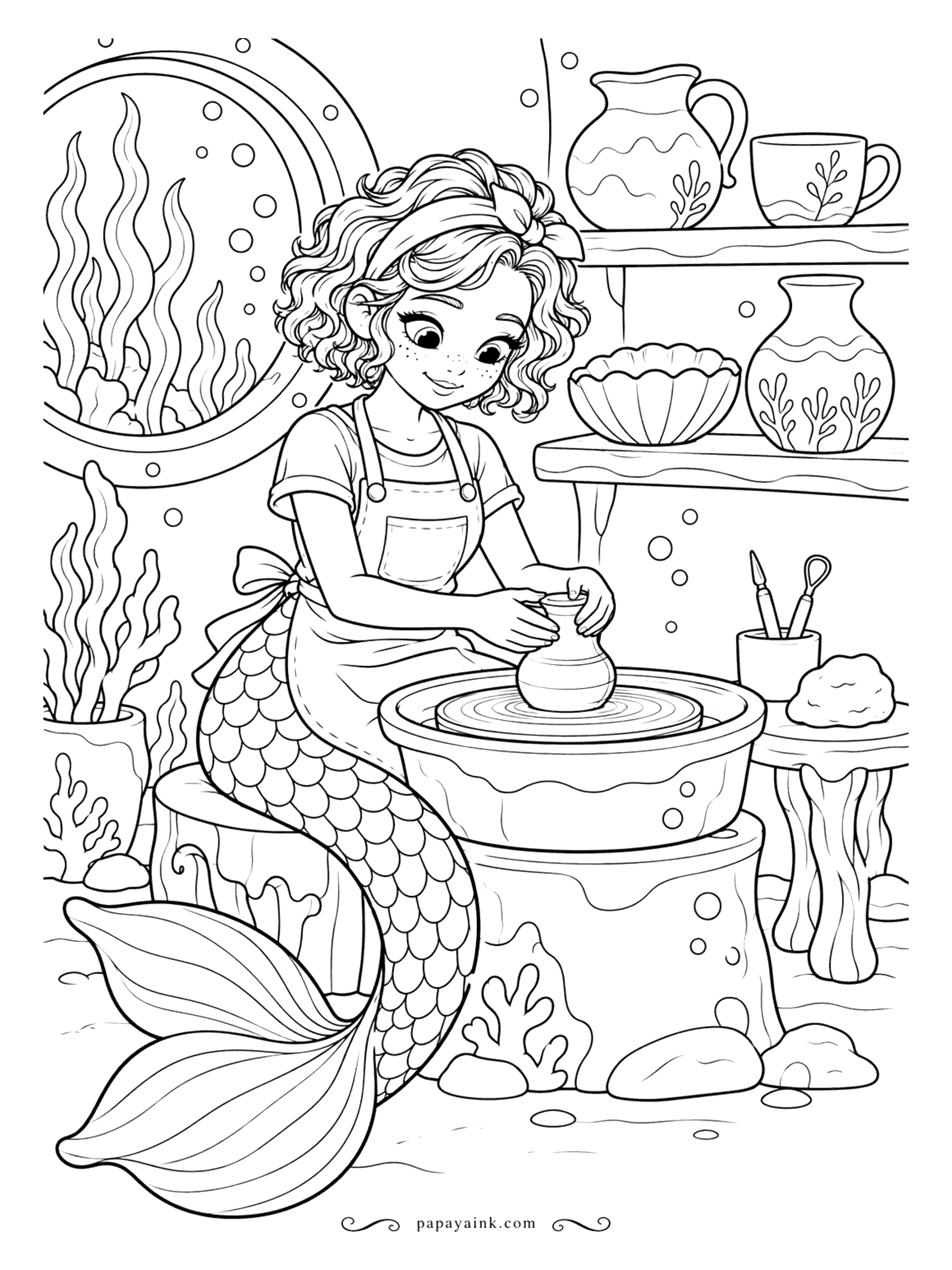 Cute Mermaid Coloring Pages - Clay spins on the wheel and a small vase rises between her hands. Finished jugs and bowls with wave patterns already line the shelf, and a round window looks out on the kelp. Open shapes with a few patterns to fill in.