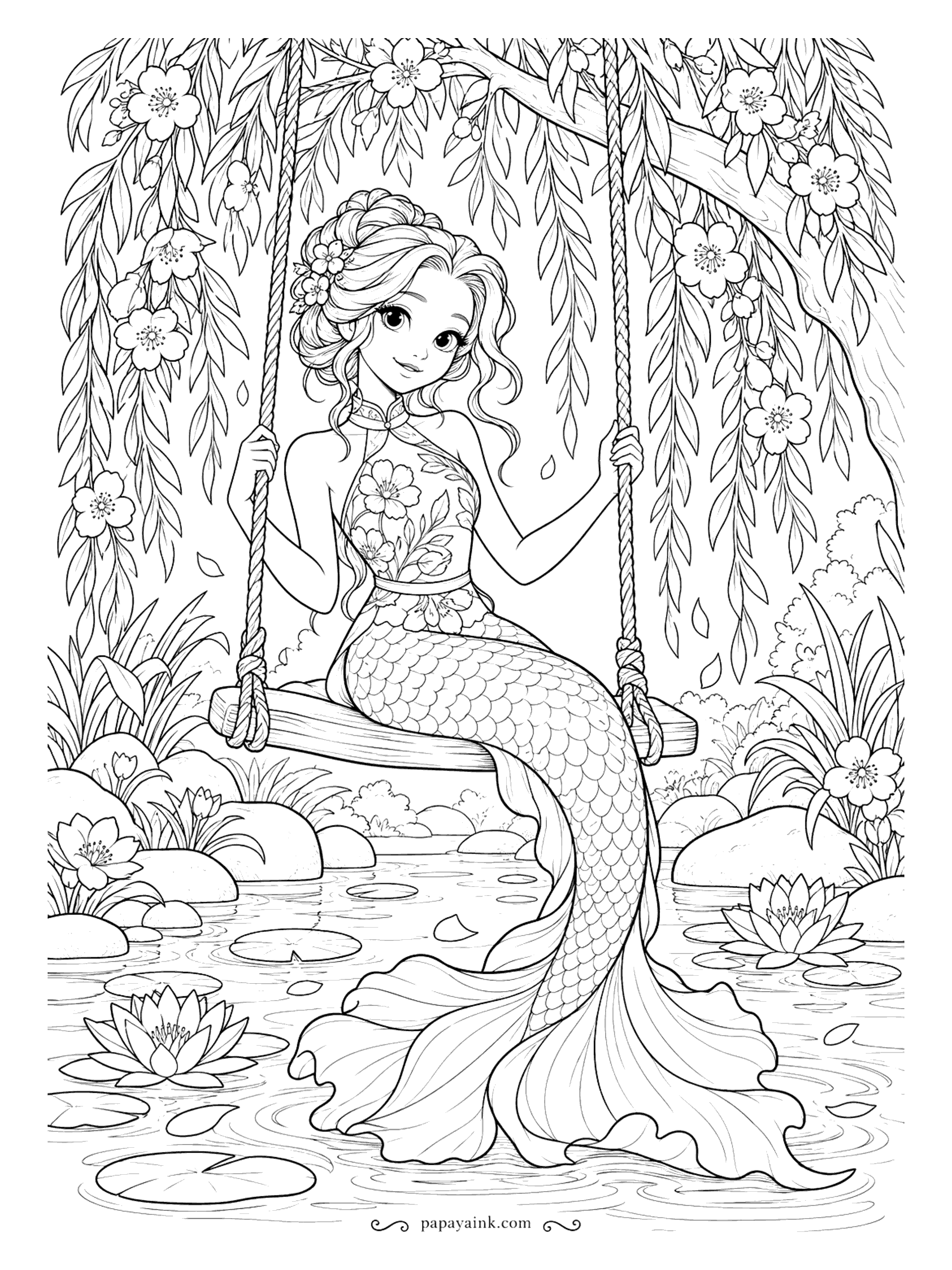 Cute Mermaid Coloring Pages - A swing hangs from a blossoming willow, low enough for her tail fin to trail in the lily pond. Petals drift down around her. Detailed - a flowered dress, long leaves and water lilies.