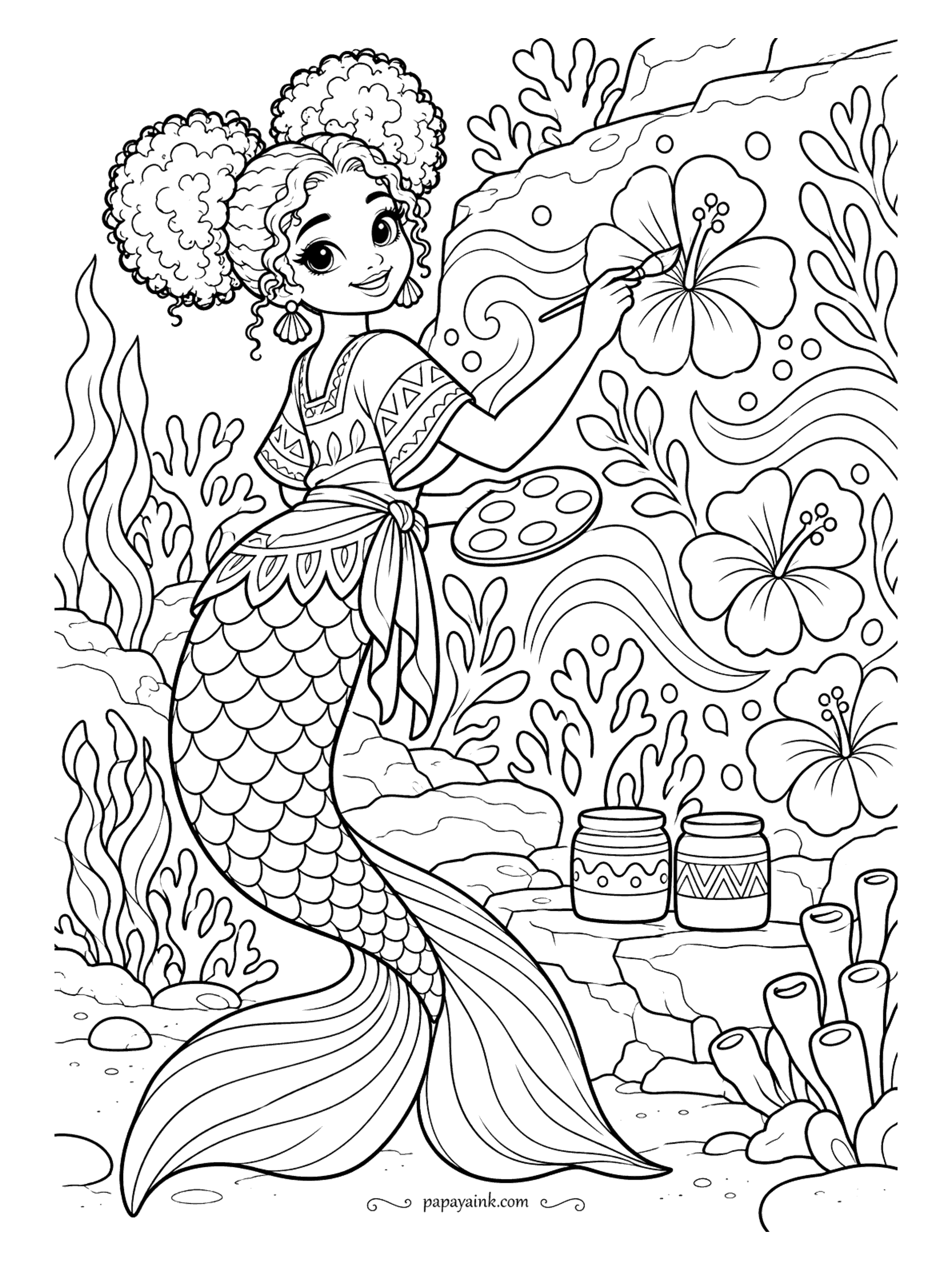 Cute Mermaid Coloring Pages - Any plain rock is a wall waiting for a mural. This one is getting hibiscus flowers and rolling waves, with a palette in one hand and paint pots at the ready. Bold flowers and patterned clothes - fun with bright colors.
