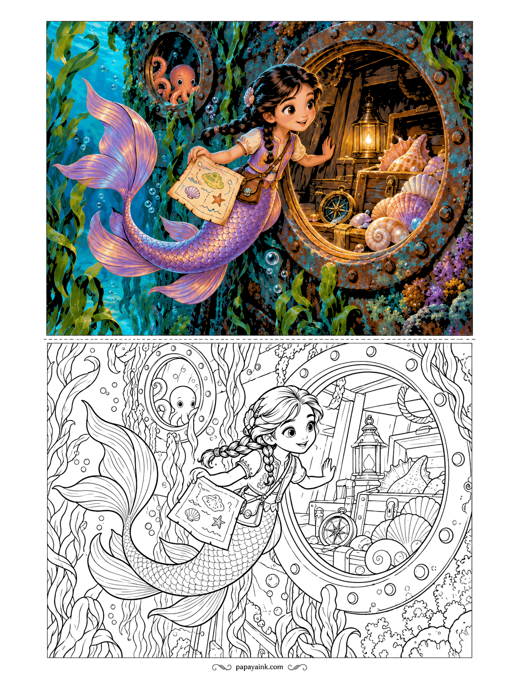 Cute Mermaid Coloring Pages - The map was right. Behind a rusty porthole sit a lantern, a compass and a chest heaped with shells, while a small octopus peeks out of the next window. Detailed - rivets, kelp and a long braided hairdo.