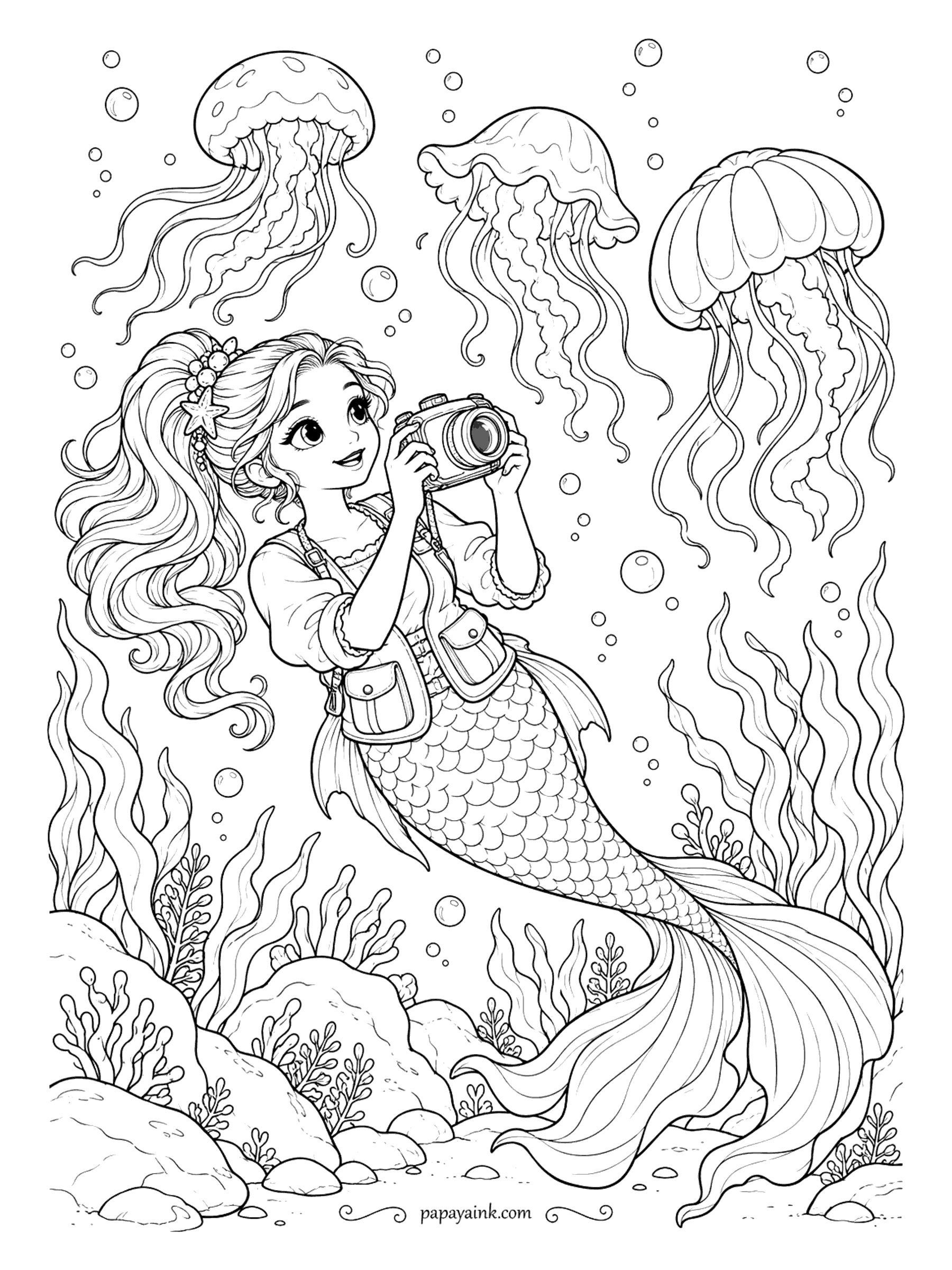 Cute Mermaid Coloring Pages - Jellyfish make patient models. She floats in close with her camera, hair drifting behind her, and frames the nearest one. Long tentacles and fine frills - a good sheet for soft, see-through color.