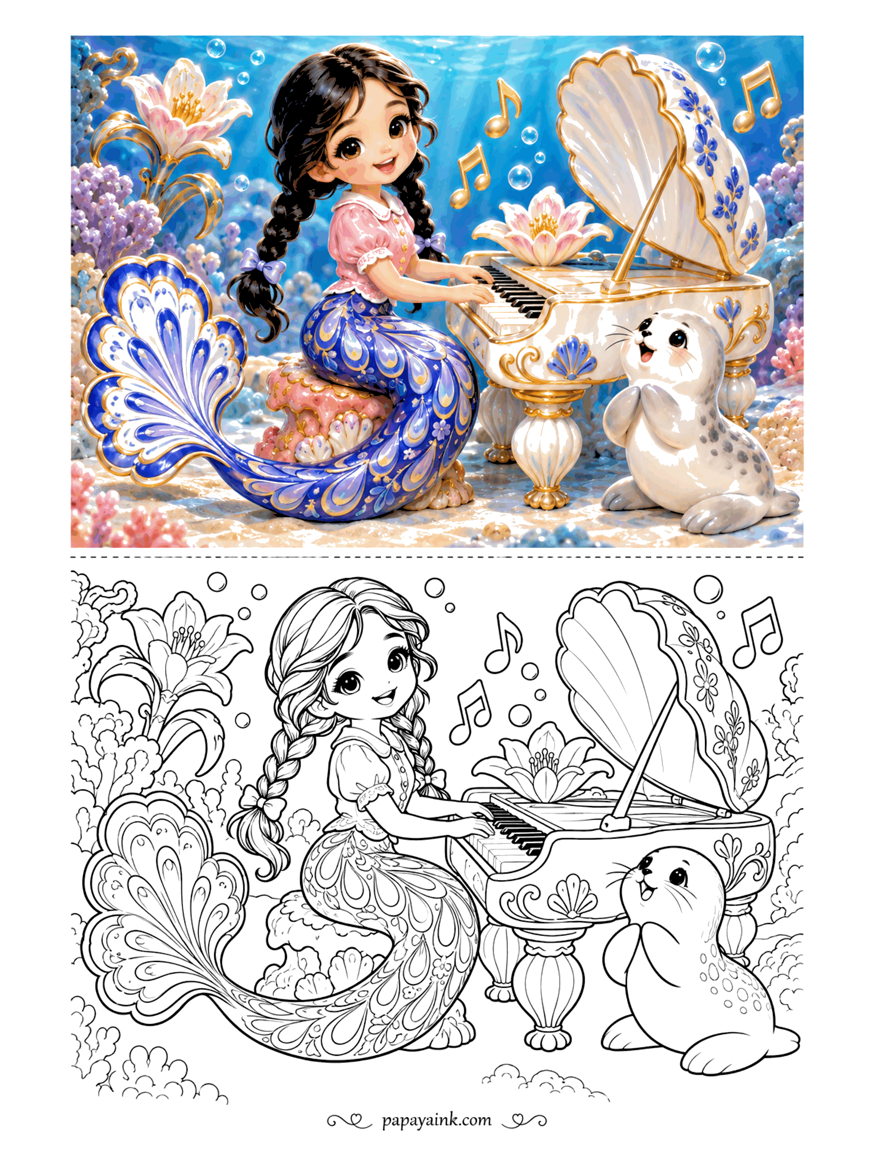 Cute Mermaid Coloring Pages - Notes float up from a grand piano with a scallop shell for a lid. Her whole audience is a baby seal, flippers pressed together, singing along. The tail is patterned like painted porcelain - try blue, white and a touch of gold.