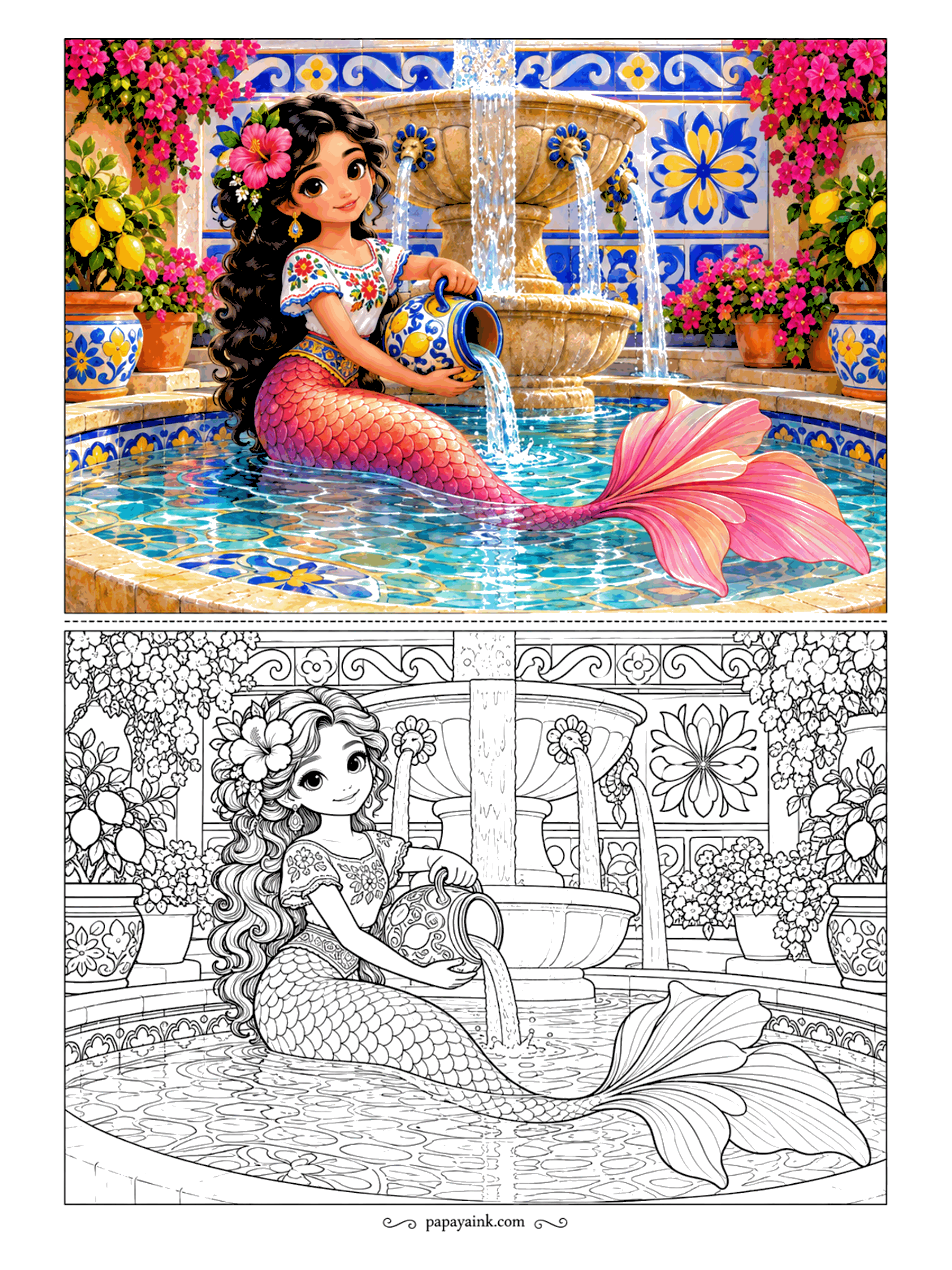 Cute Mermaid Coloring Pages - Big enough for a mermaid, this courtyard fountain sits among patterned tiles, lemon trees and bougainvillea. She tips a painted jug back into the basin. Very detailed - the tiles alone can fill an evening.