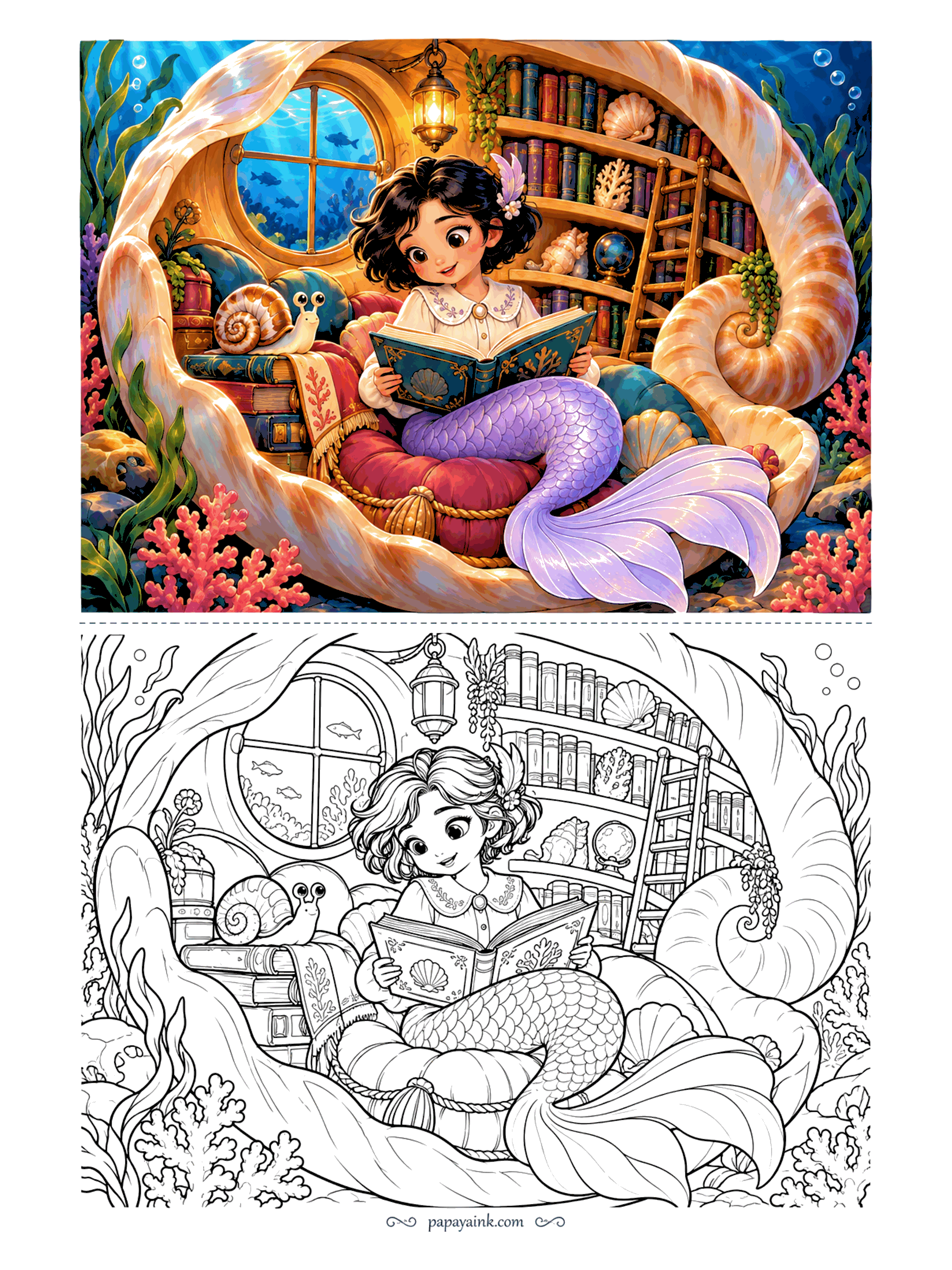 Cute Mermaid Coloring Pages - One giant nautilus shell holds a whole library: shelves, a ladder, a lantern and a porthole with fish passing by. She reads on a heap of cushions, and a snail on the book stack keeps its eyes on the page. Very detailed.