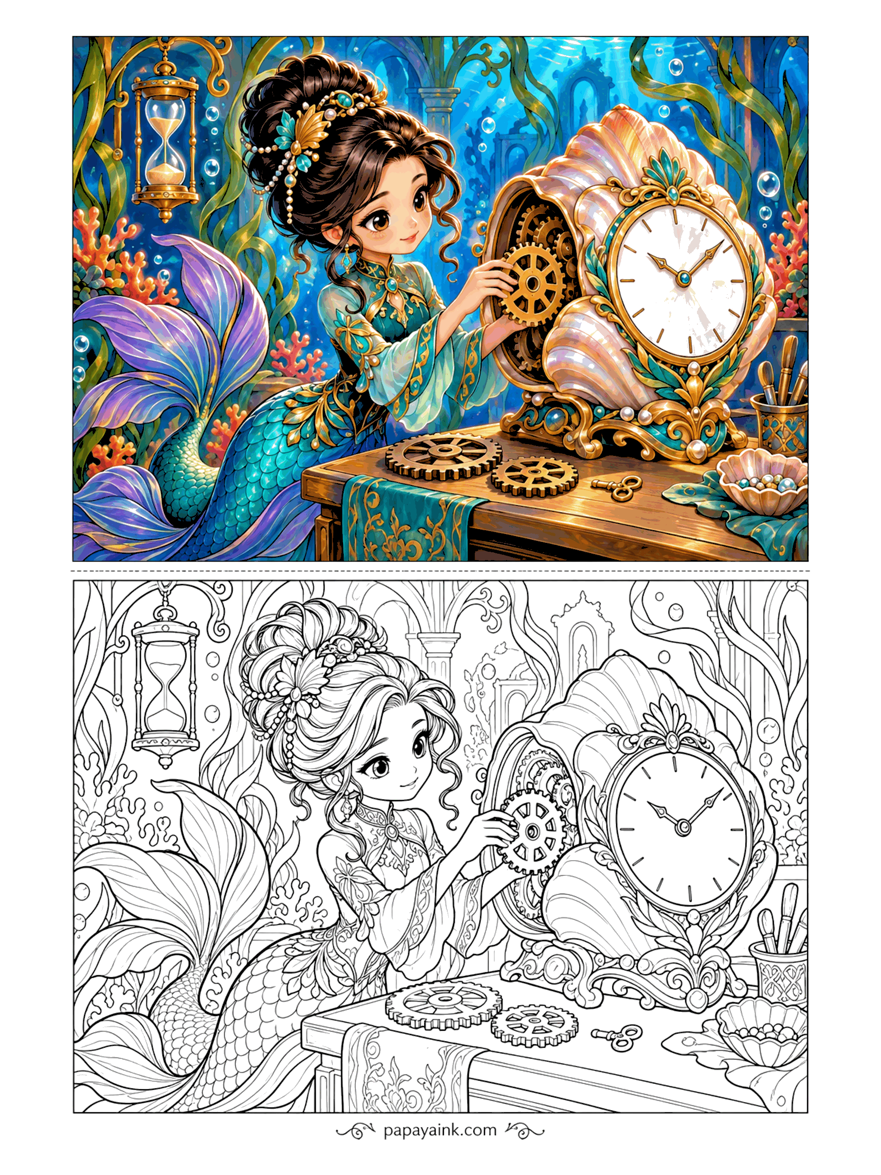 Cute Mermaid Coloring Pages - Even under the sea, somebody has to keep the time. A brass gear goes back into a clock set in a pearly shell, with spare wheels and a key laid out on the workbench. Detailed - an embroidered gown, jeweled hair and an hourglass overhead.