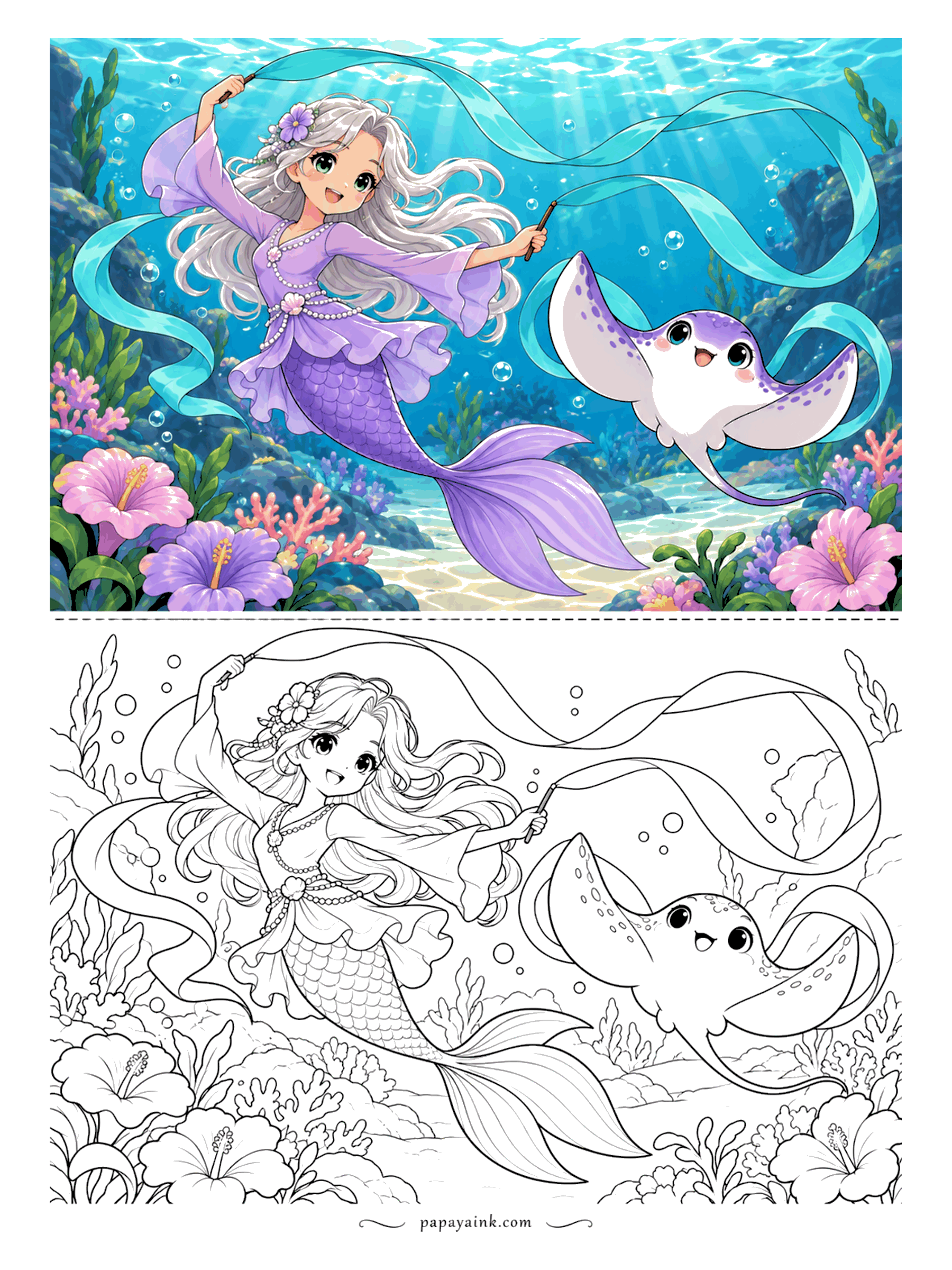Cute Mermaid Coloring Pages - Long silk ribbons loop through the water as she dances, and a baby stingray glides underneath, flapping along in time. The ribbons cross the whole sheet, so choose their color first.