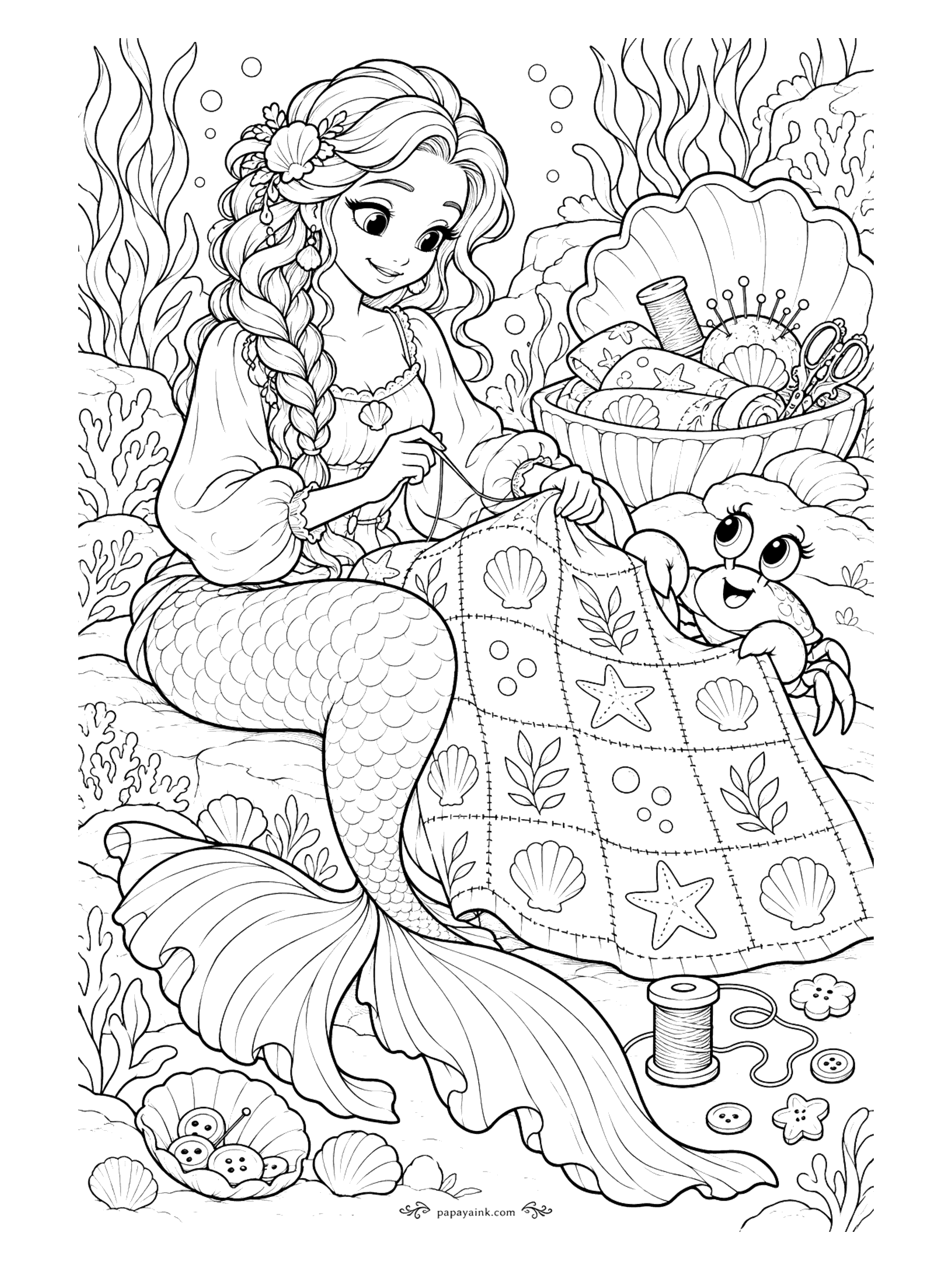 Cute Mermaid Coloring Pages - Stitch by stitch, a patchwork quilt of shells, starfish and leaves comes together. A crab holds the far corner straight, and the sewing kit sits in an open shell. Detailed.