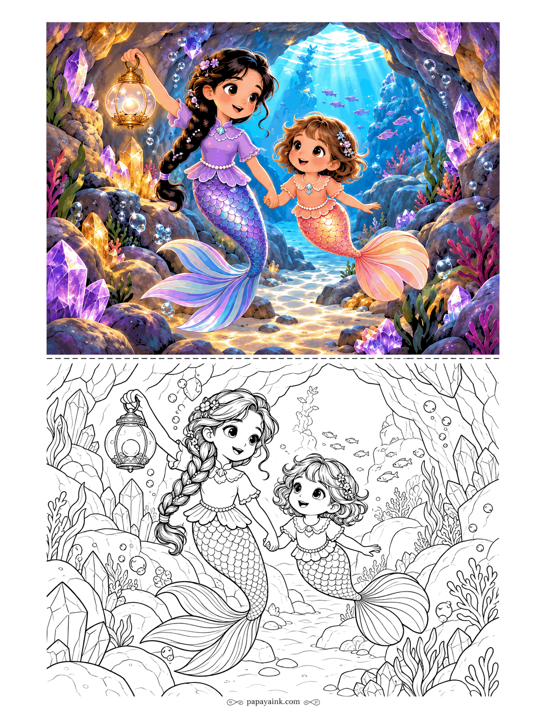 Cute Mermaid Coloring Pages - Big sister carries the lantern, little sister holds on tight, and the crystals along the cave walls catch the light as they swim through. A school of fish waits in the bright opening ahead.