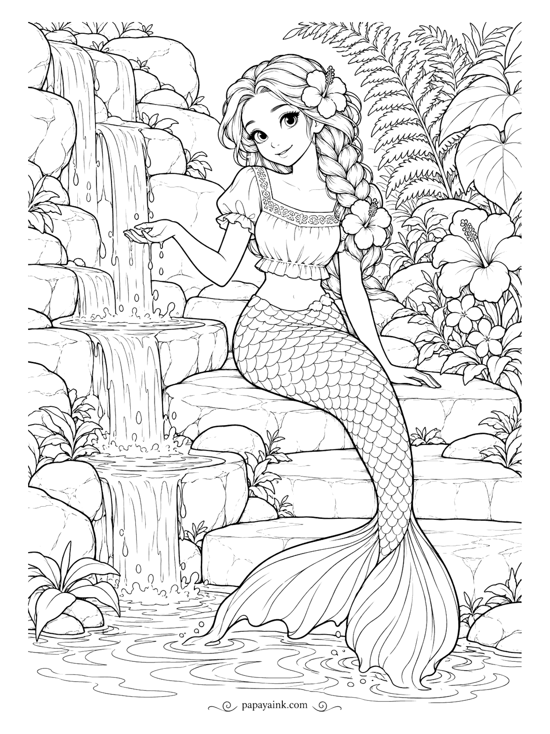 Cute Mermaid Coloring Pages - Water runs down the stone steps in small falls, and she catches a little in her open hand. Hibiscus is braided into her hair, with ferns and broad leaves behind. Detailed - every stone and scale is its own space.