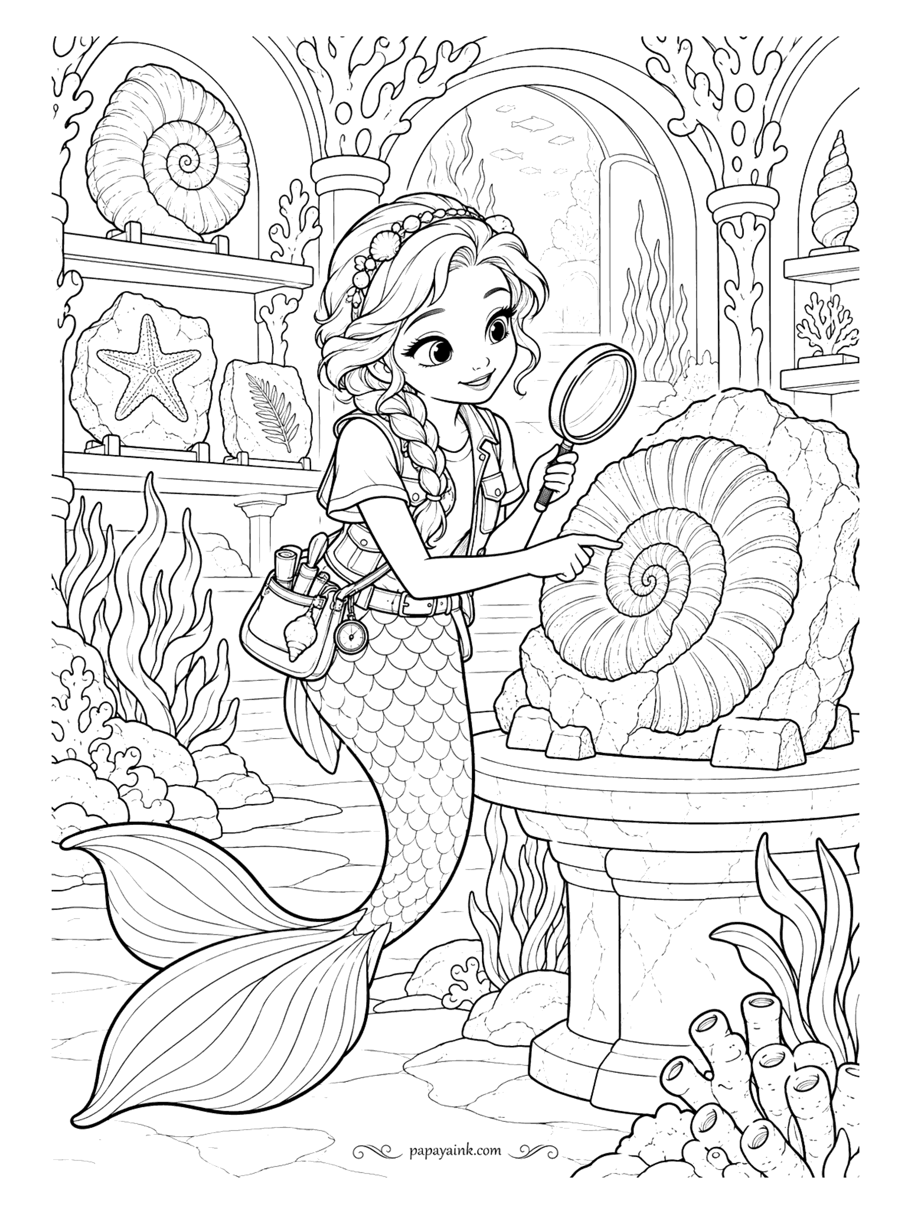 Cute Mermaid Coloring Pages - This museum has one curator, and she takes the job seriously. Ammonites line the shelves, a starfish is pressed in stone, and the giant spiral on the pedestal calls for the magnifying glass. Detailed - a tool belt, columns and coral arches.