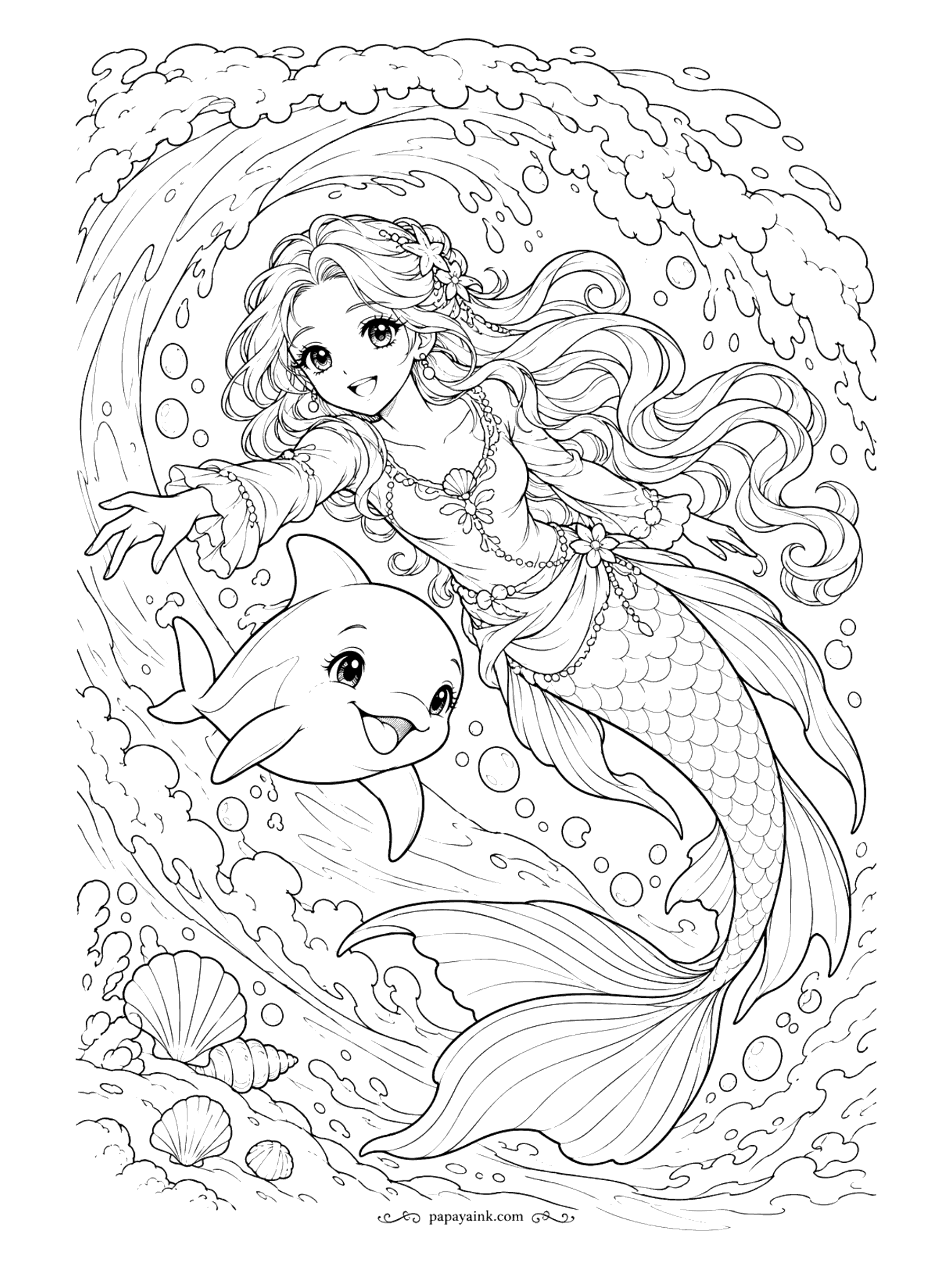 Cute Mermaid Coloring Pages - Arms wide, she rides the curl of a breaking wave side by side with a grinning dolphin. Foam and spray circle the whole sheet - a good page for blending blues into white.