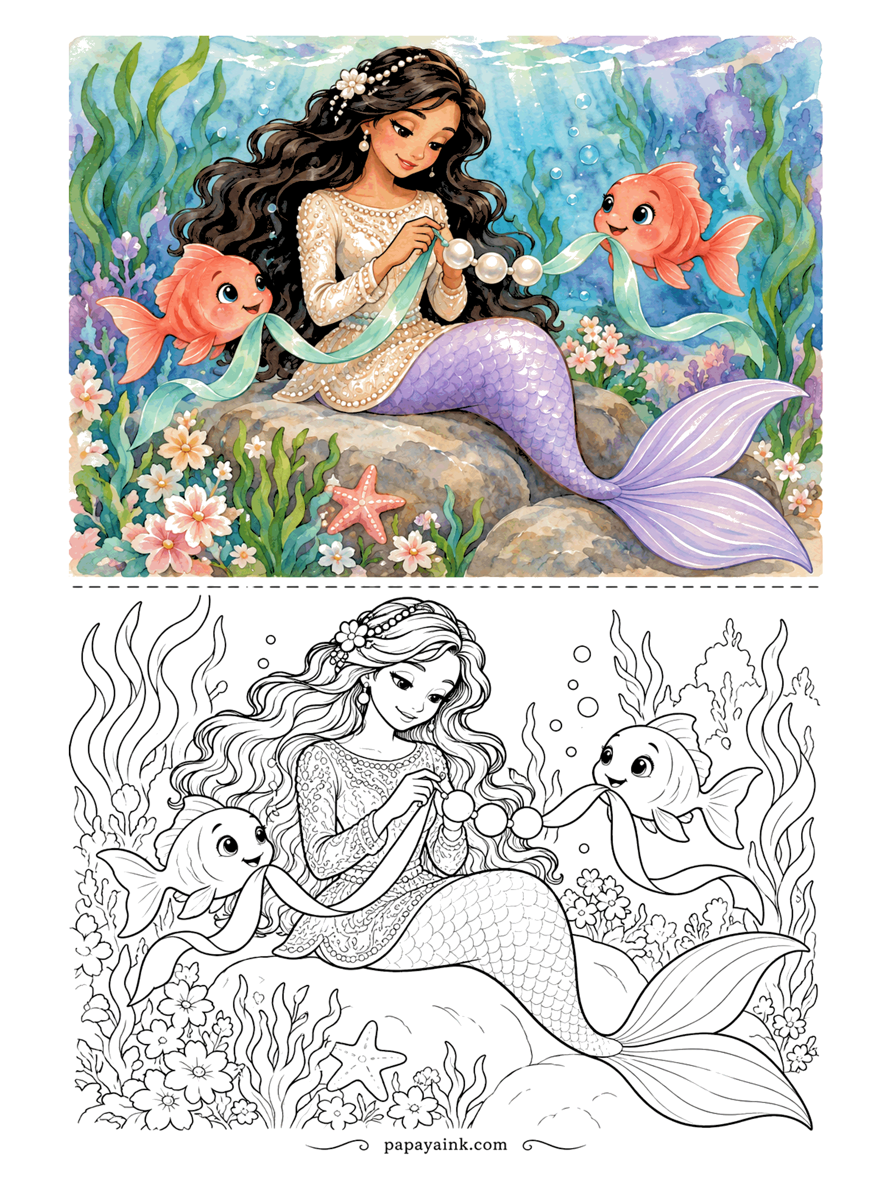 Cute Mermaid Coloring Pages - Quiet handiwork on a flowered rock: large pearls go onto a ribbon one at a time, and a pair of goldfish hold the ends so nothing slips. Detailed - a beaded bodice and a meadow of small sea flowers.