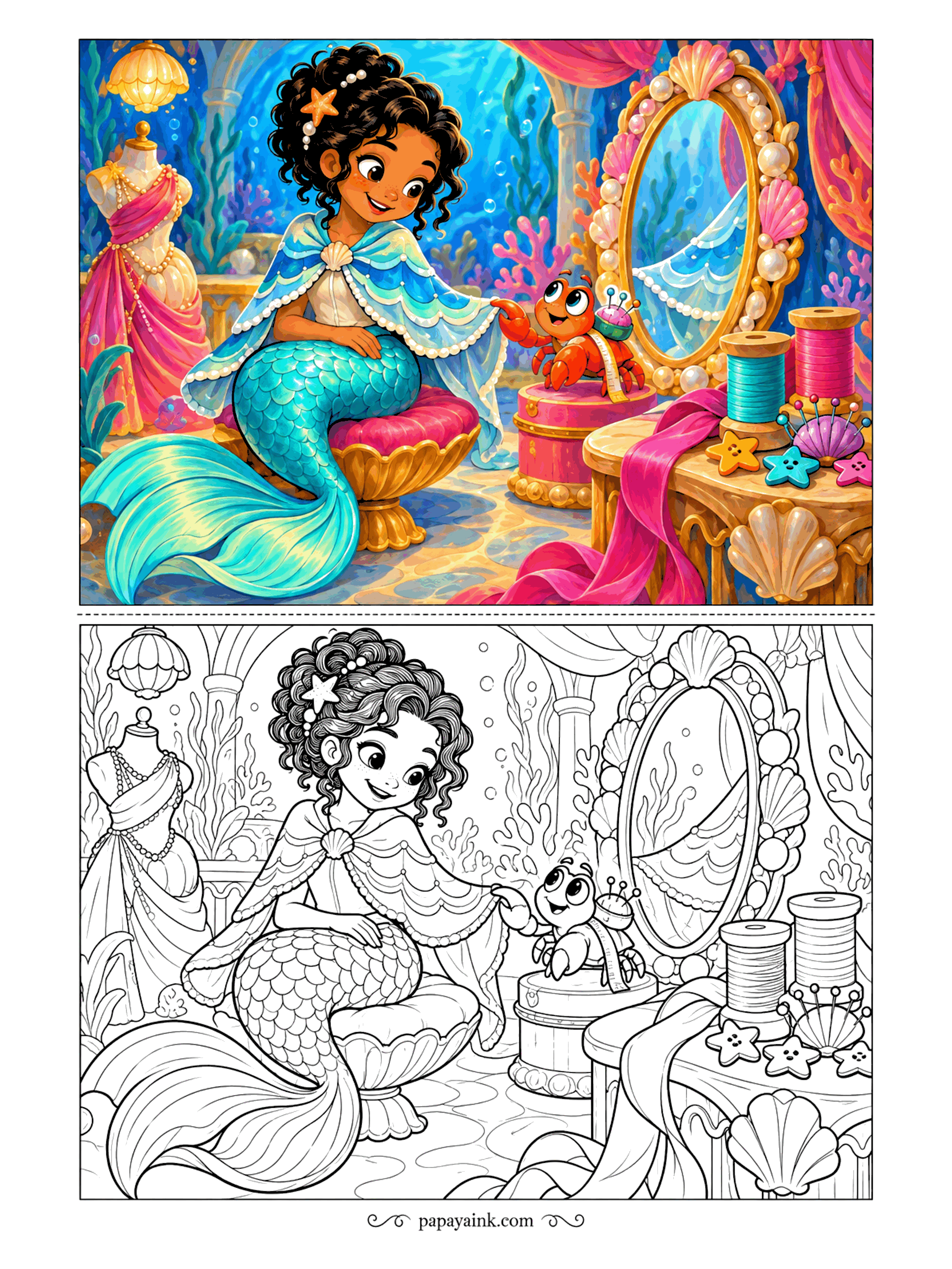 Cute Mermaid Coloring Pages - Fitting day at the atelier. A scalloped cape edged with pearls is on, and the tailor - a small crab with a tape measure and a pincushion - smooths the hem with one claw. Spools, star buttons and a shell-framed mirror fill the dressing table.