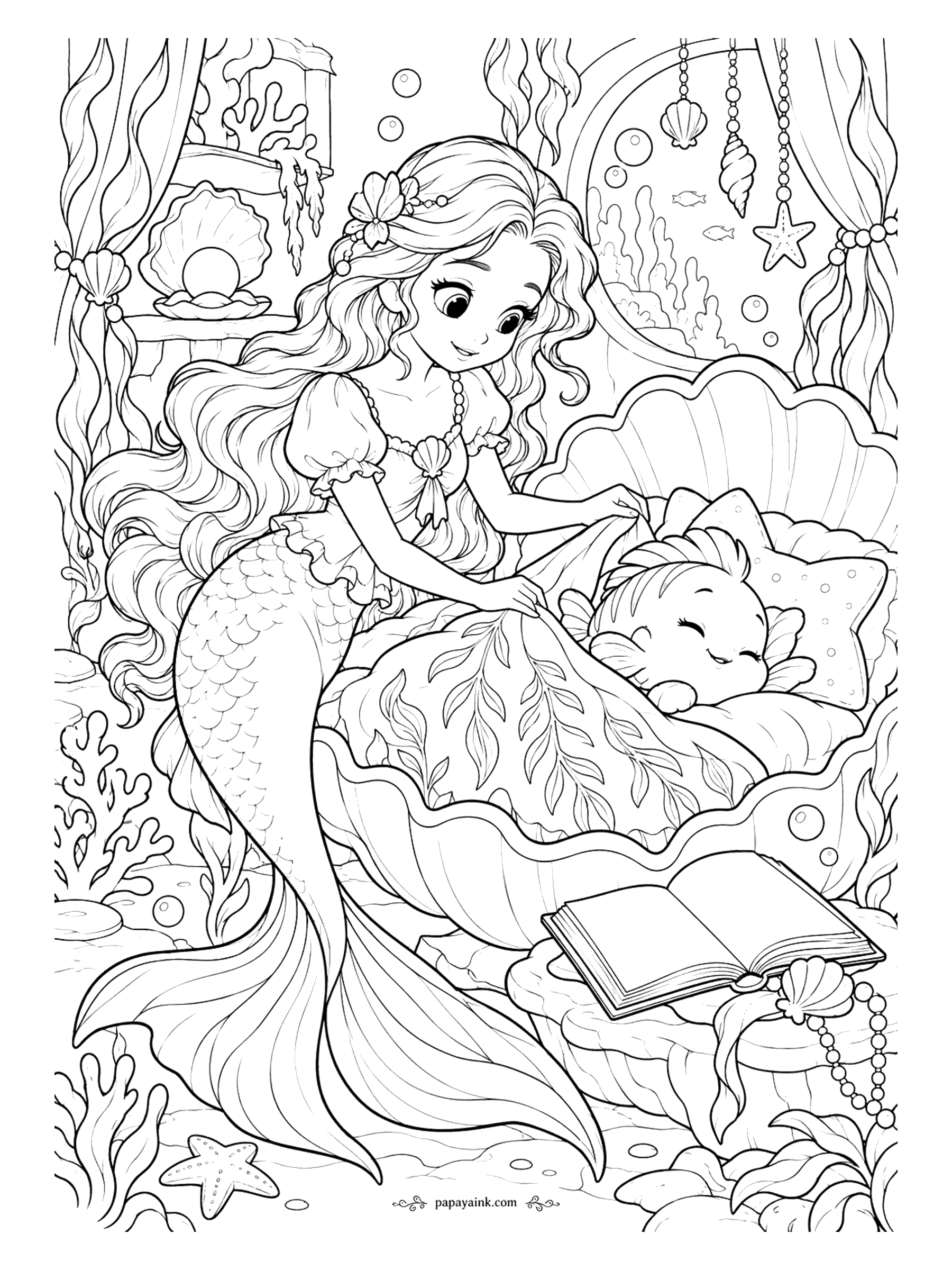 Cute Mermaid Coloring Pages - Bedtime in a shell-shaped bed: a leaf-print blanket is pulled up over a little fish that is already asleep, the storybook left open on the floor. Detailed - seaweed curtains and a room full of small treasures.