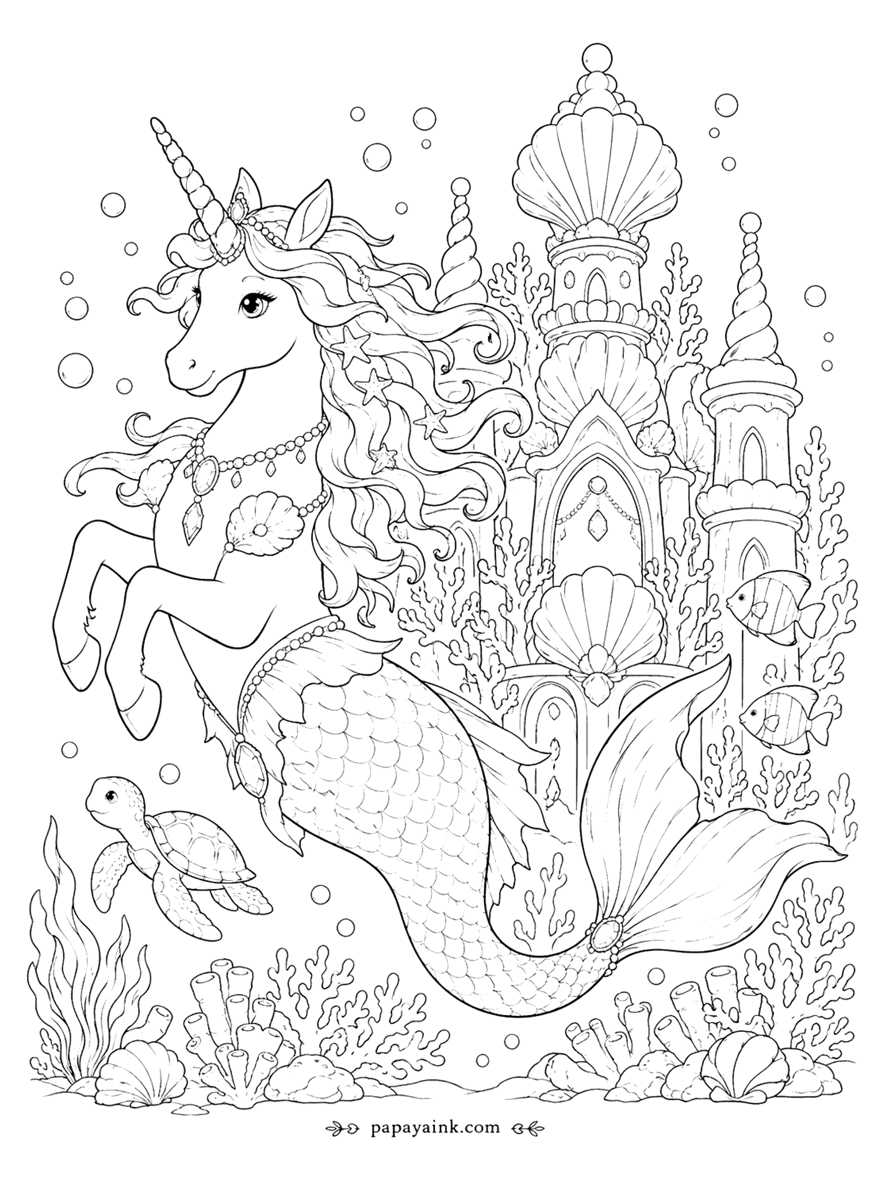 Unicorn Coloring Pages - Mermaid Unicorn Coloring Page: Seashell Castle with a Sea Turtle (Detailed)