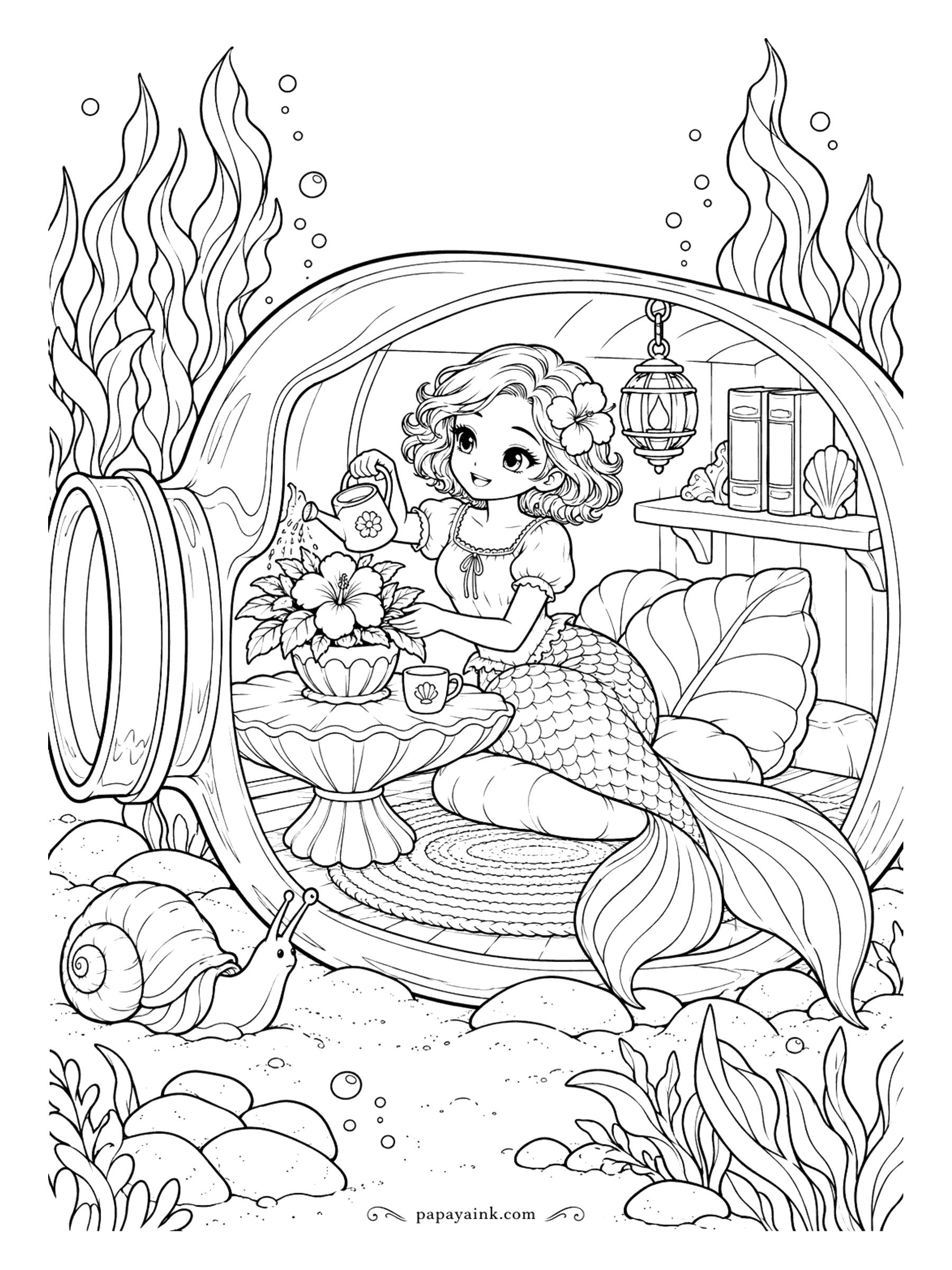 Cute Mermaid Coloring Pages - Somebody lost a bottle; somebody else found a house. Inside there is room for a rug, a bookshelf, a lantern and a shell table, where the hibiscus is getting its daily watering. A snail neighbor is passing by outside.