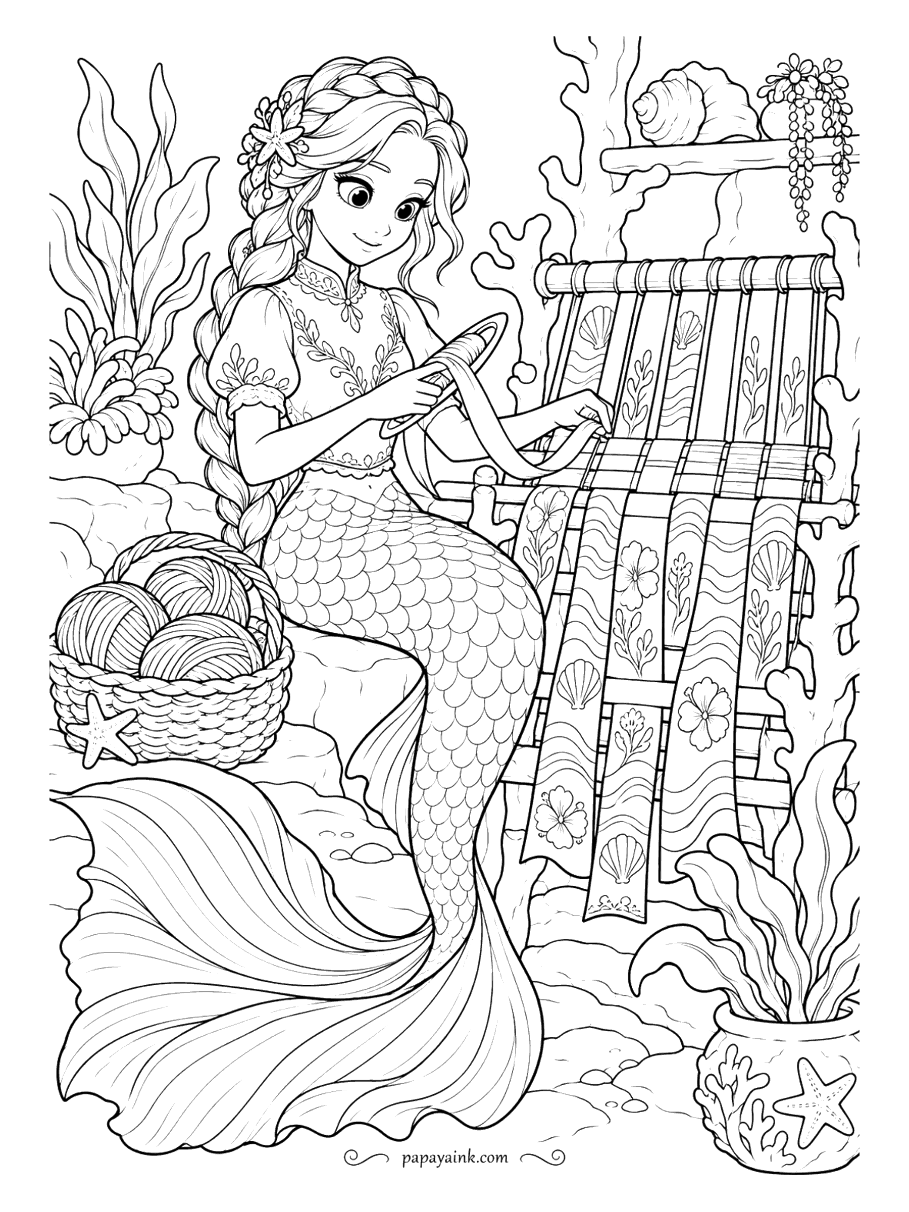 Cute Mermaid Coloring Pages - On a loom built from coral branches, a tapestry of shells, flowers and waves is growing one row at a time. Balls of yarn wait in a basket at her side. Very detailed - a lace blouse, a floor-length braid and patterned panels.