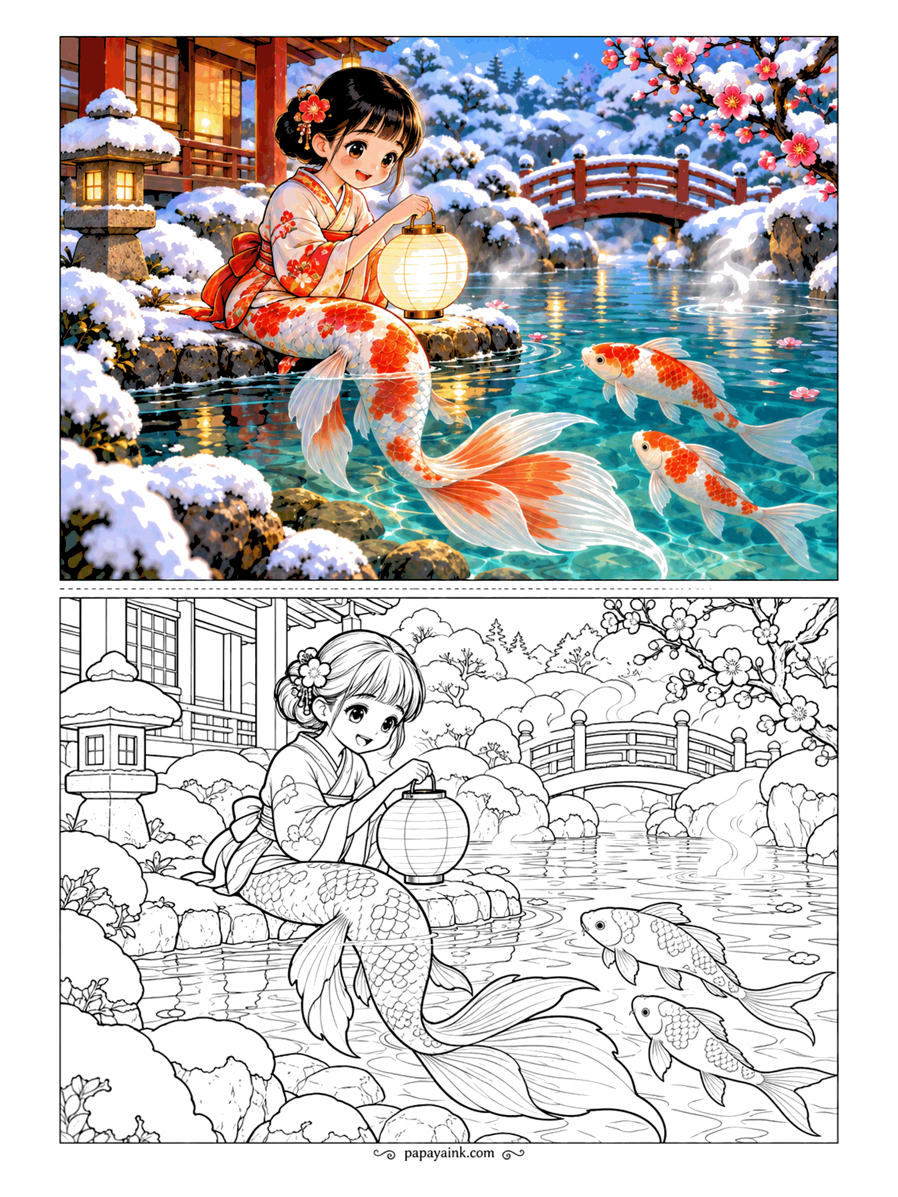 Cute Mermaid Coloring Pages - Snow lies on the garden stones, and the pond is the warm place to be. Half koi herself, she sits on the edge in a flowered kimono and holds out a paper lantern as two koi drift toward the glow. Detailed - a bridge, a stone lantern and plum blossom.
