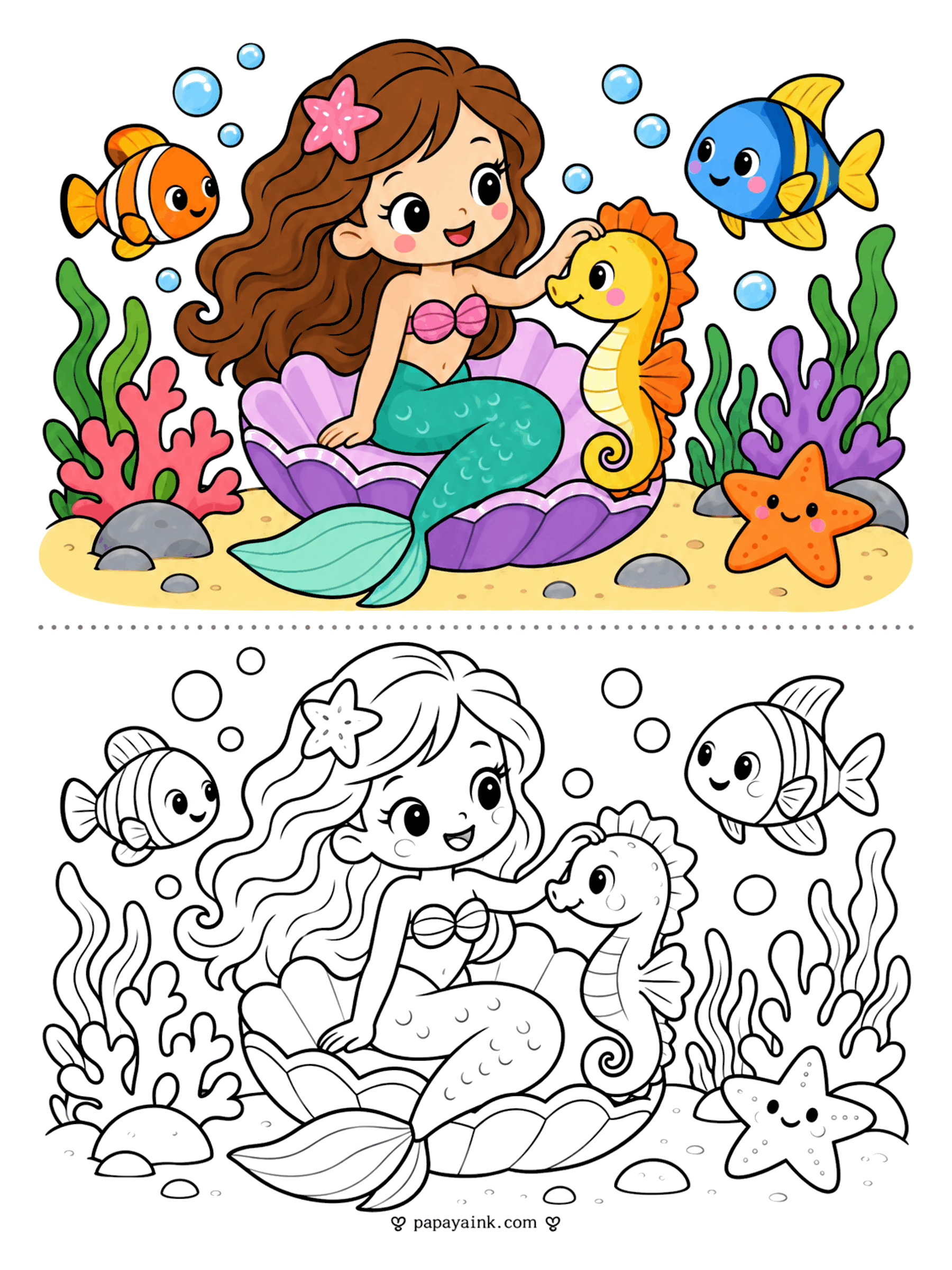Copy Coloring Pages - Copy coloring page of a mermaid petting a seahorse on a seashell, with fish, coral and a starfish