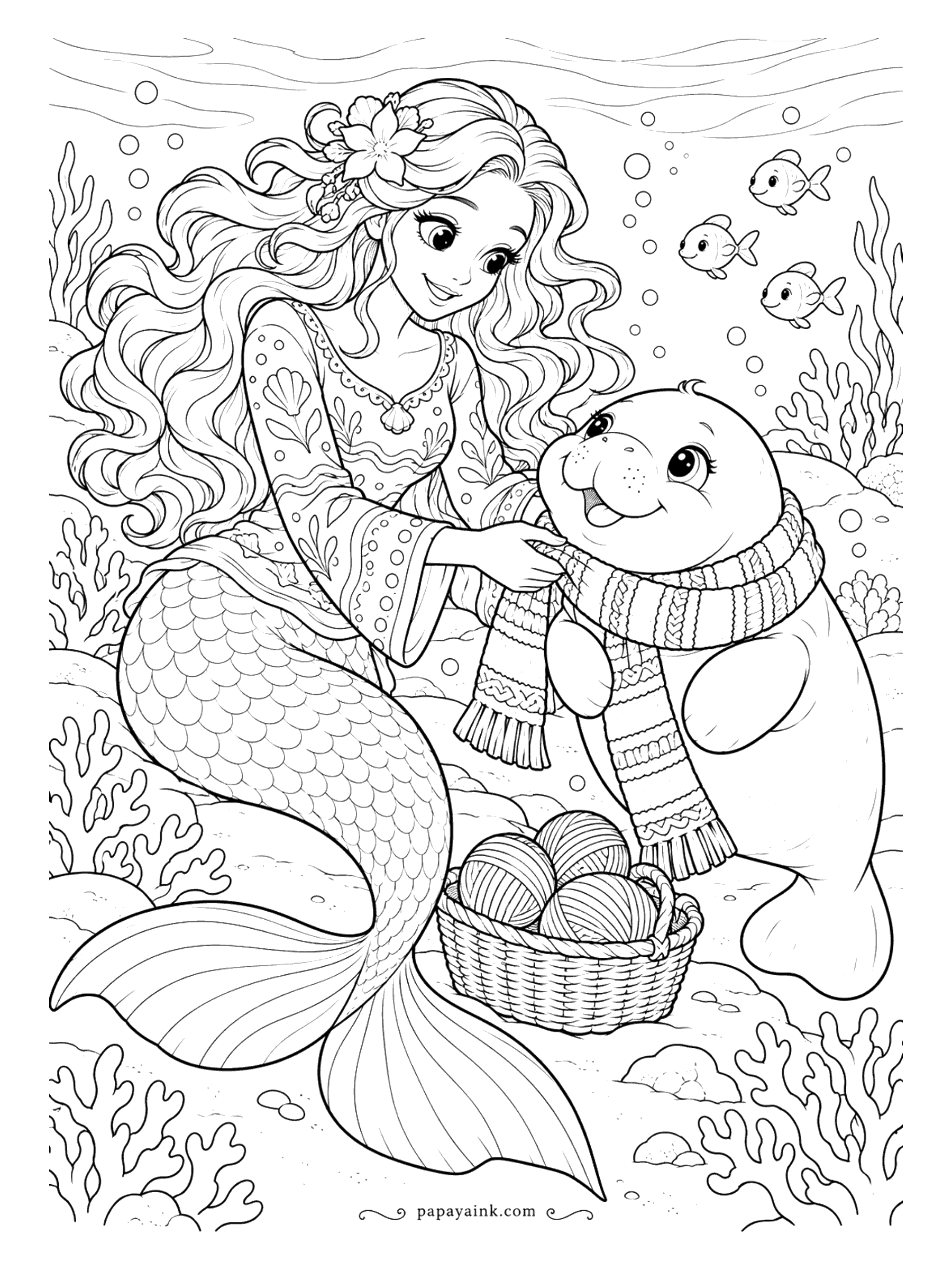 Cute Mermaid Coloring Pages - Freshly knitted and long enough to wrap twice, the striped scarf goes around a very happy baby manatee. The yarn basket is still full, so more may follow. Detailed - knit patterns and a printed tunic.