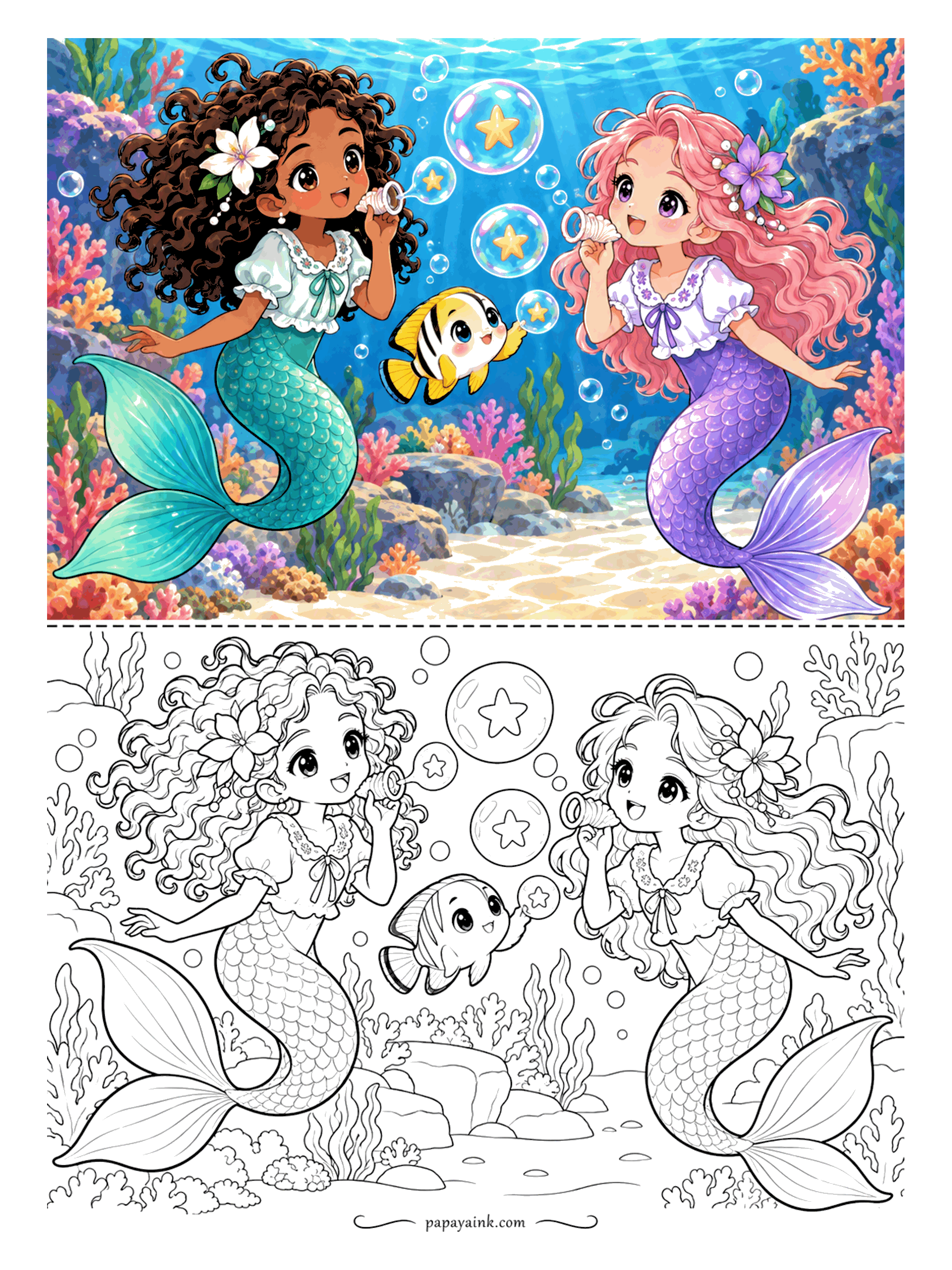 Cute Mermaid Coloring Pages - Seashells work as bubble pipes down here. Each bubble comes out with a star inside, and the striped fish between the two mermaids has claimed one for itself.