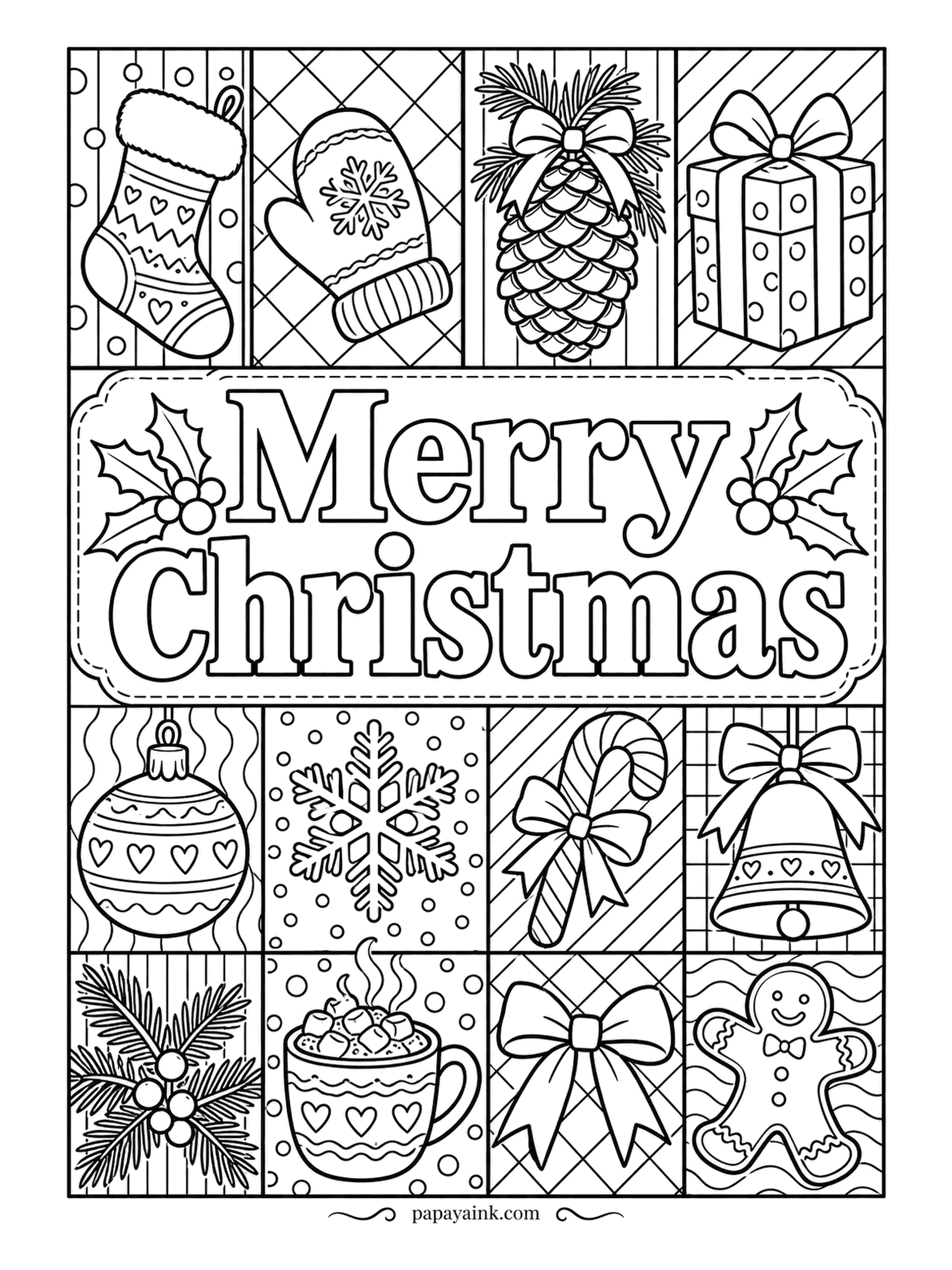 Merry Christmas Coloring Pages - Twelve squares of a sampler quilt: stocking, mitten, pinecone, present, bauble, snowflake, candy cane, bell, holly, cocoa, bow, gingerbread man. Detailed - give each square its own background color and the patchwork comes alive.
