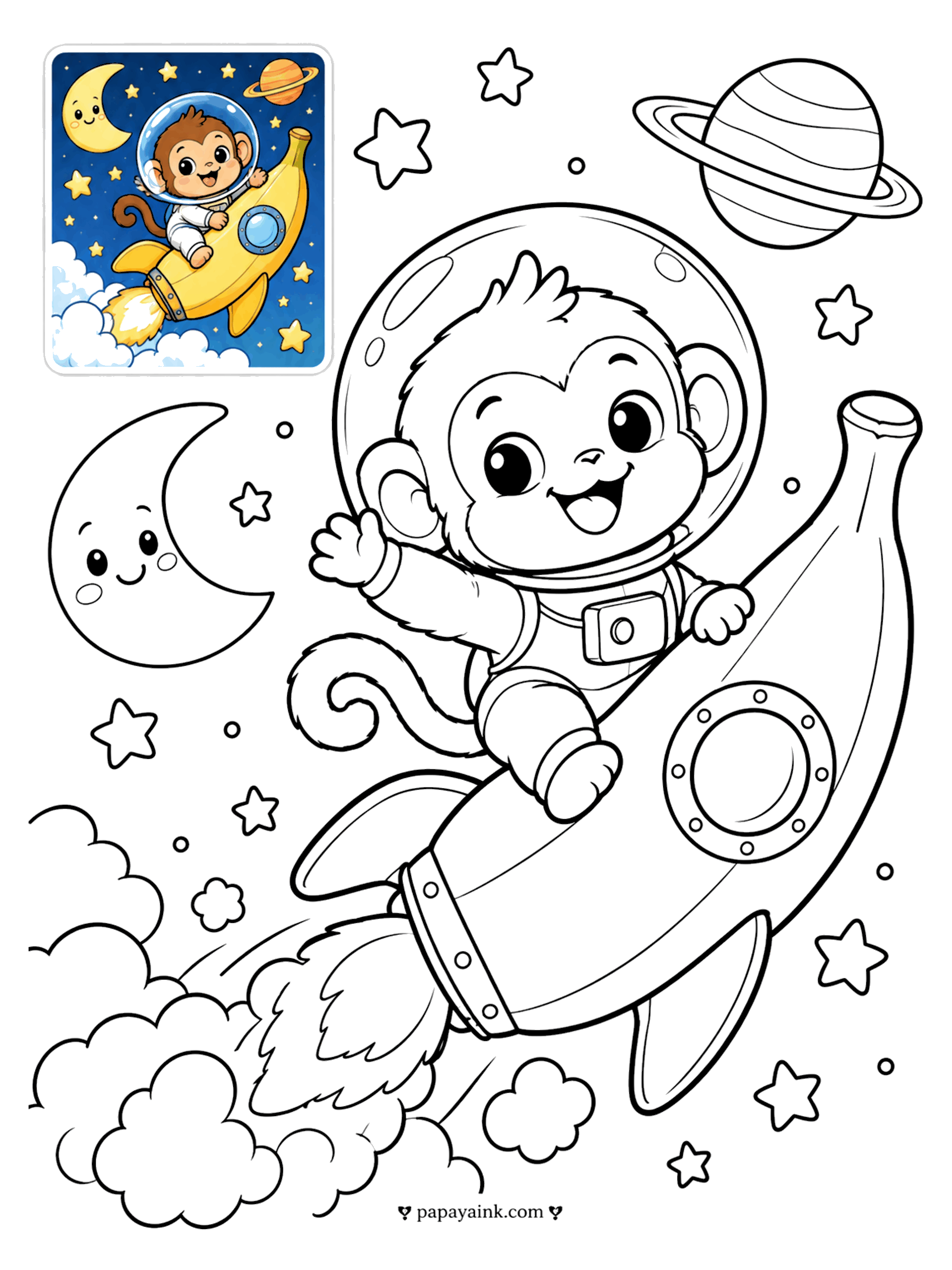 Color Guide Coloring Pages - Color guide coloring page of a monkey astronaut riding a banana rocket past the moon, stars and a ringed planet