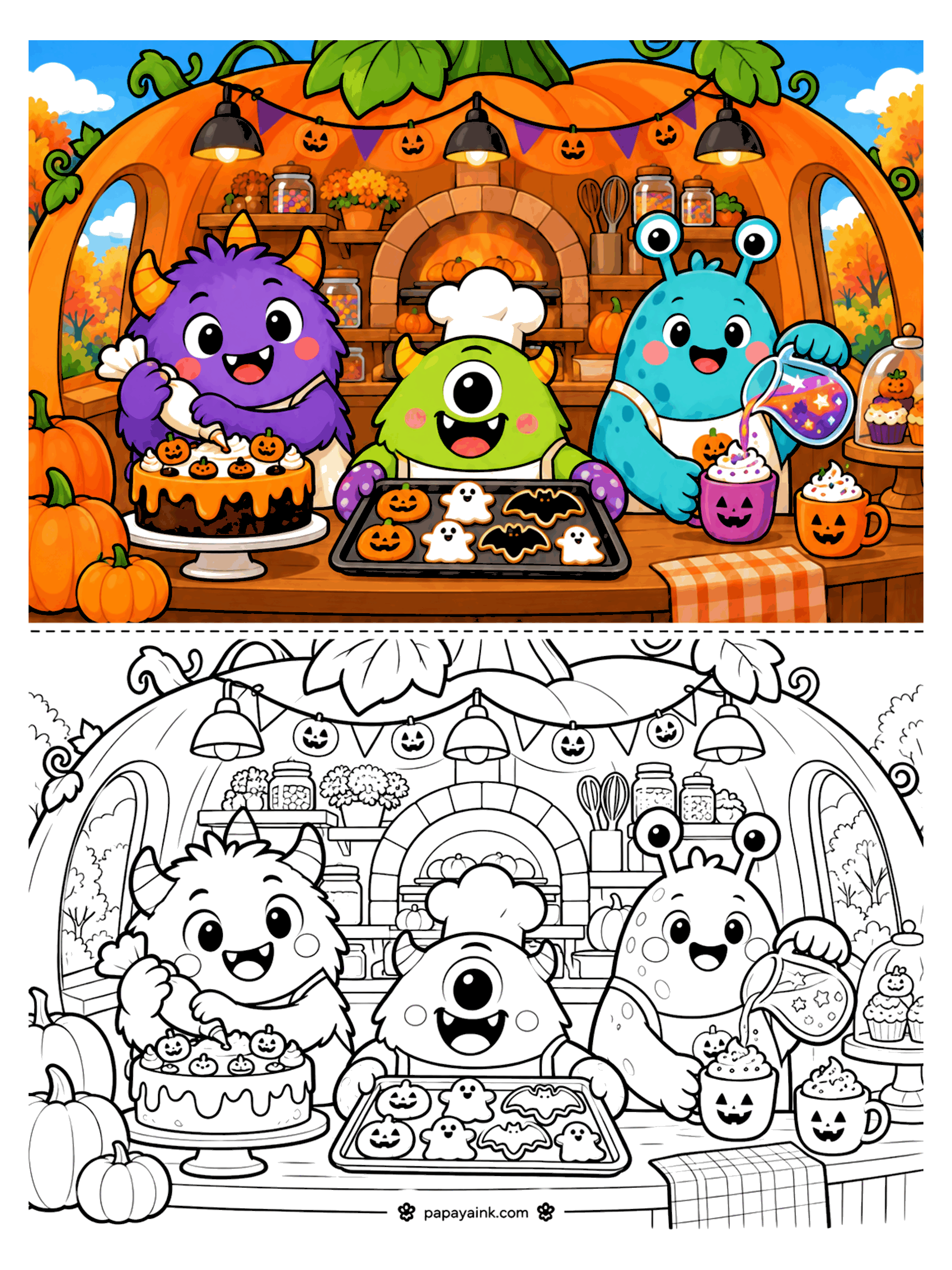Pumpkin Coloring Pages - Three friendly monsters decorate a cake, bake ghost and bat cookies, and pour sprinkles in a pumpkin-shaped bakery with a brick oven. Detailed.
