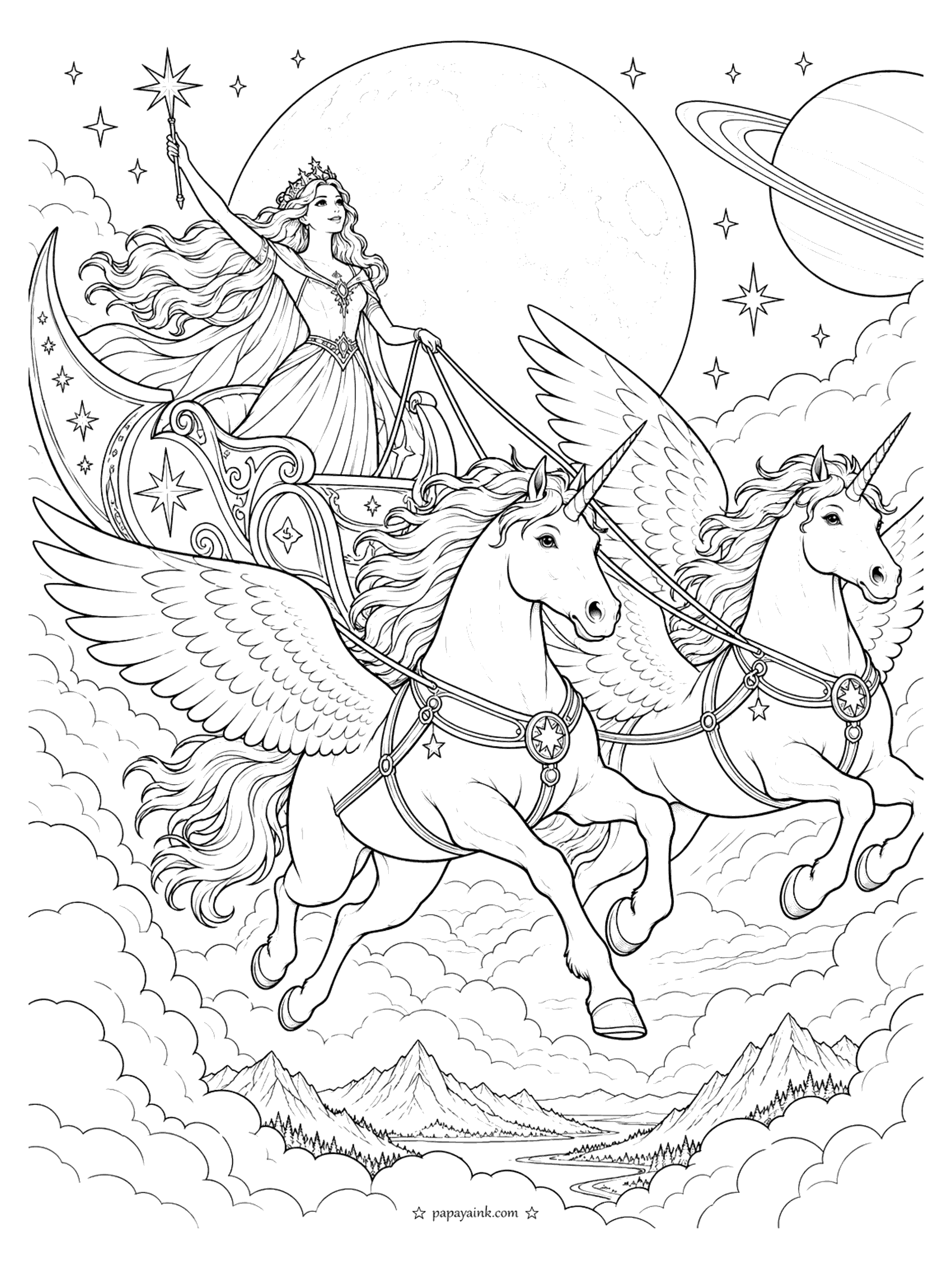 Unicorn Coloring Pages - Winged unicorn chariot coloring page: a queen with a star wand rides a crescent moon chariot pulled by a pair of alicorns above the clouds, with a full moon, a ringed planet and mountains far below. Detailed.