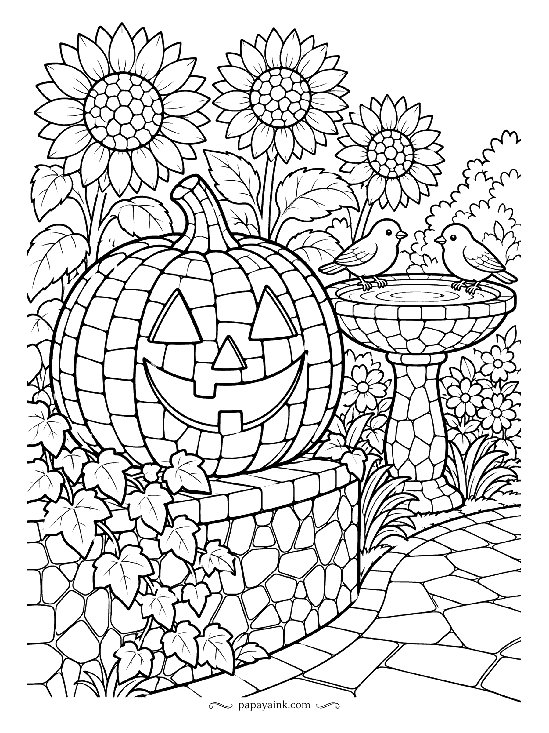 Pumpkin Coloring Pages - Pieced together from small square tiles, the jack-o'-lantern rests on a low stone wall. Two songbirds share a birdbath beside it, sunflowers tower overhead and ivy spills onto the path. Detailed.