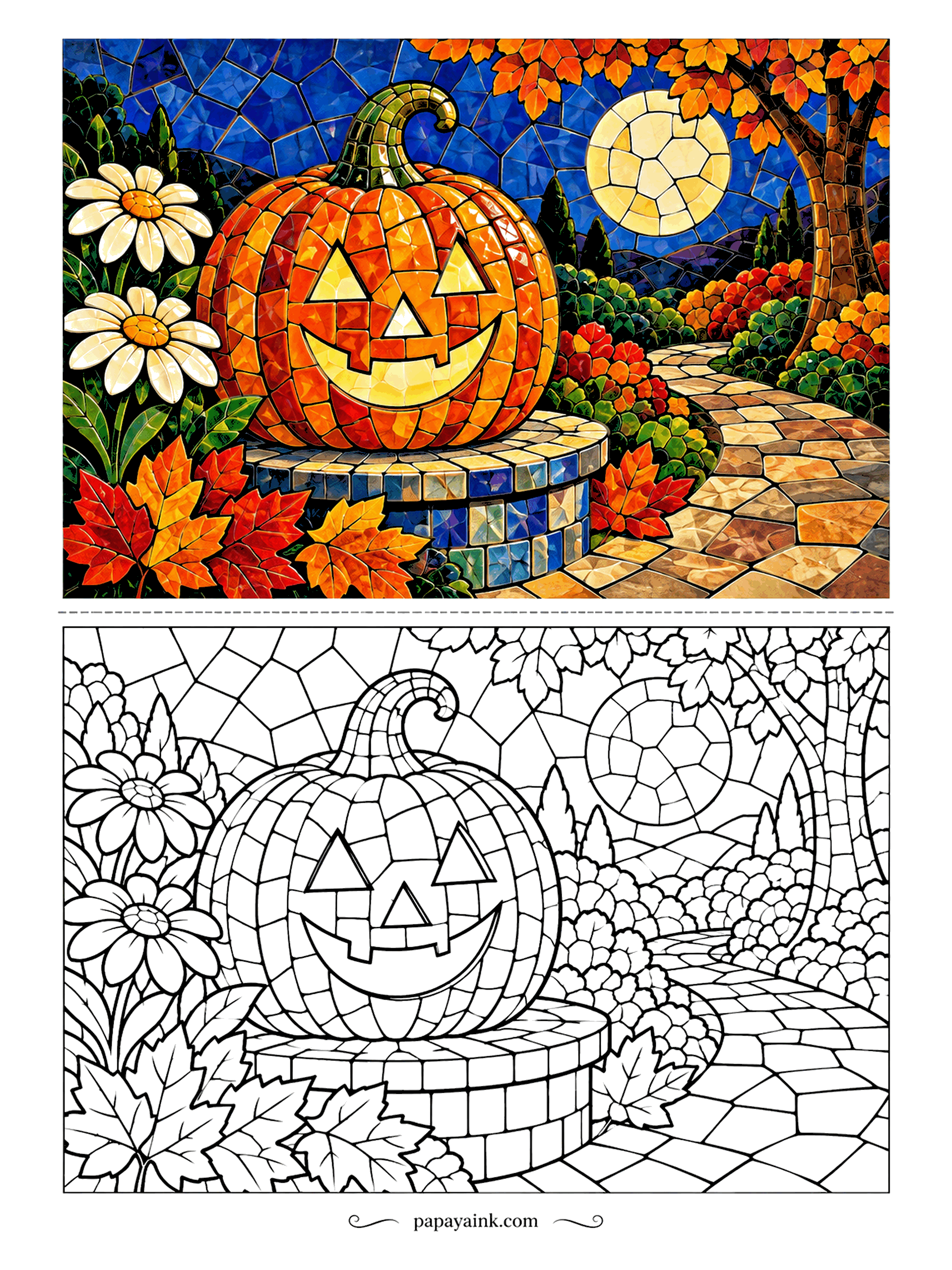 Pumpkin Coloring Pages - Built tile by tile and set on a tiled pedestal like a garden sculpture. Daisies, maple leaves and a winding mosaic path fill the scene, with the moon shining overhead. Detailed - lots of small pieces for fine-tip markers.