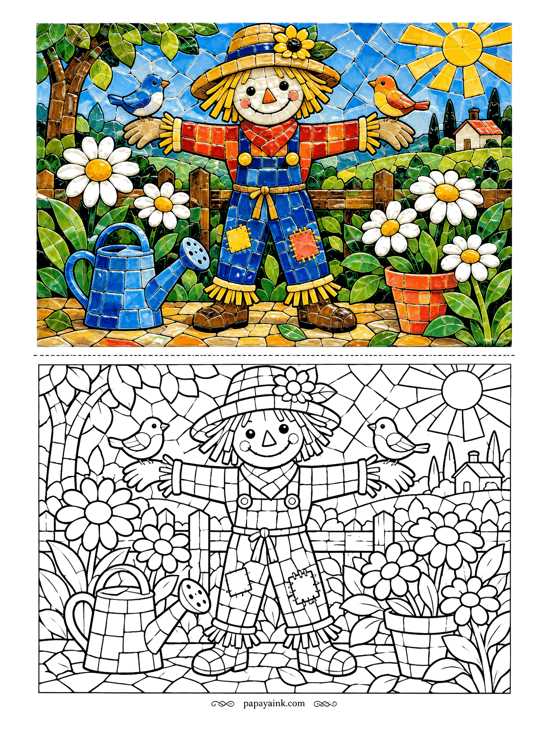 Scarecrow Coloring Pages - Hundreds of little ceramic tiles make up this one, from the cobbled path to the sun. The scarecrow stands between a watering can and a pot of daisies, a bird on each hand. Detailed - perfect for a long, calm session.