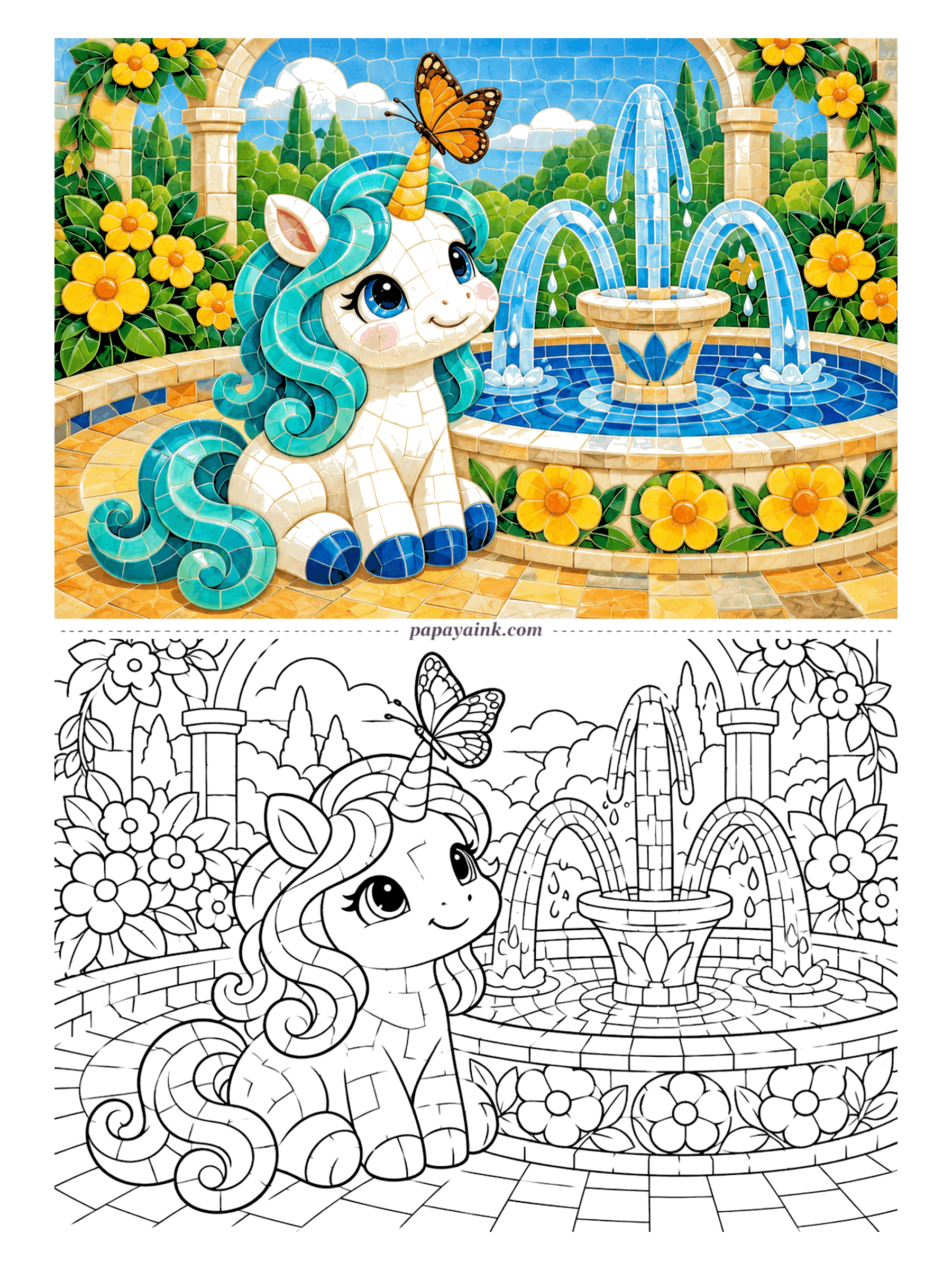 Cute Unicorn Coloring Pages - Hundreds of tiny tiles, one butterfly, and a unicorn sitting very still so it stays on her horn. A three-jet fountain splashes behind her. Detailed - color tile by tile, or sweep one shade across each area.
