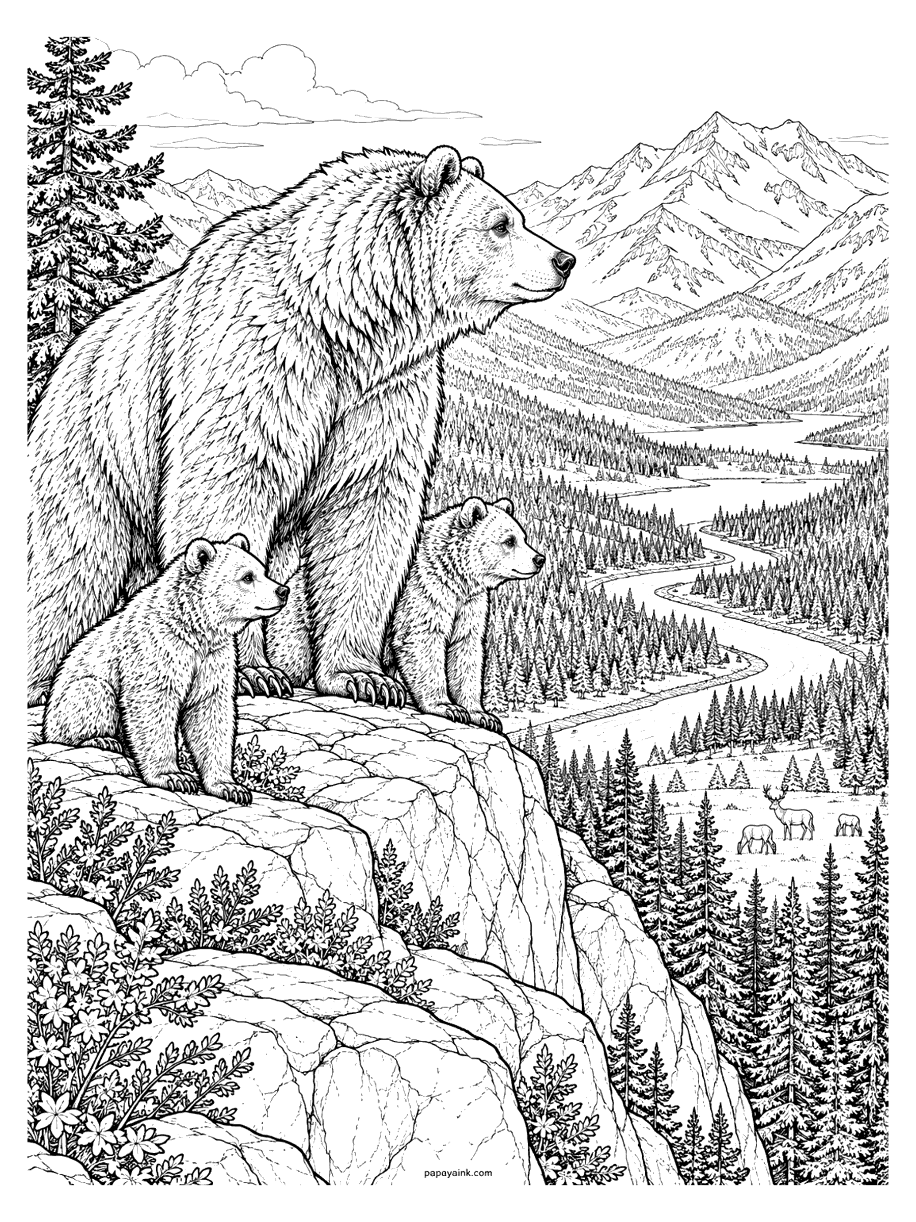 Bear Coloring Pages - Mother bear and her cubs sit on a rocky cliff and look out over a winding river valley, pine forests, grazing deer and snowy mountain ranges. Detailed.