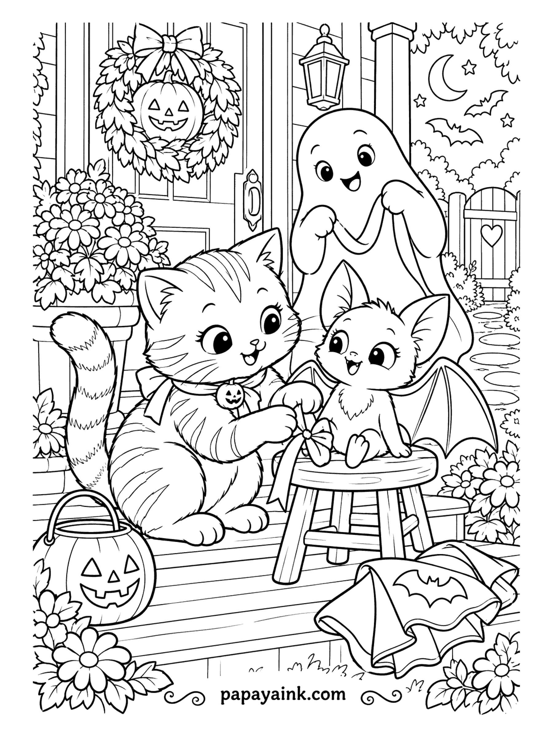 Halloween Cat Coloring Pages - Last fitting before the big night. The mother cat ties the ribbon on her kitten's bat costume while he sits on the stool trying not to flap, and a ghost waits to go. Wreath, lantern and a candy bucket by the steps. Detailed.