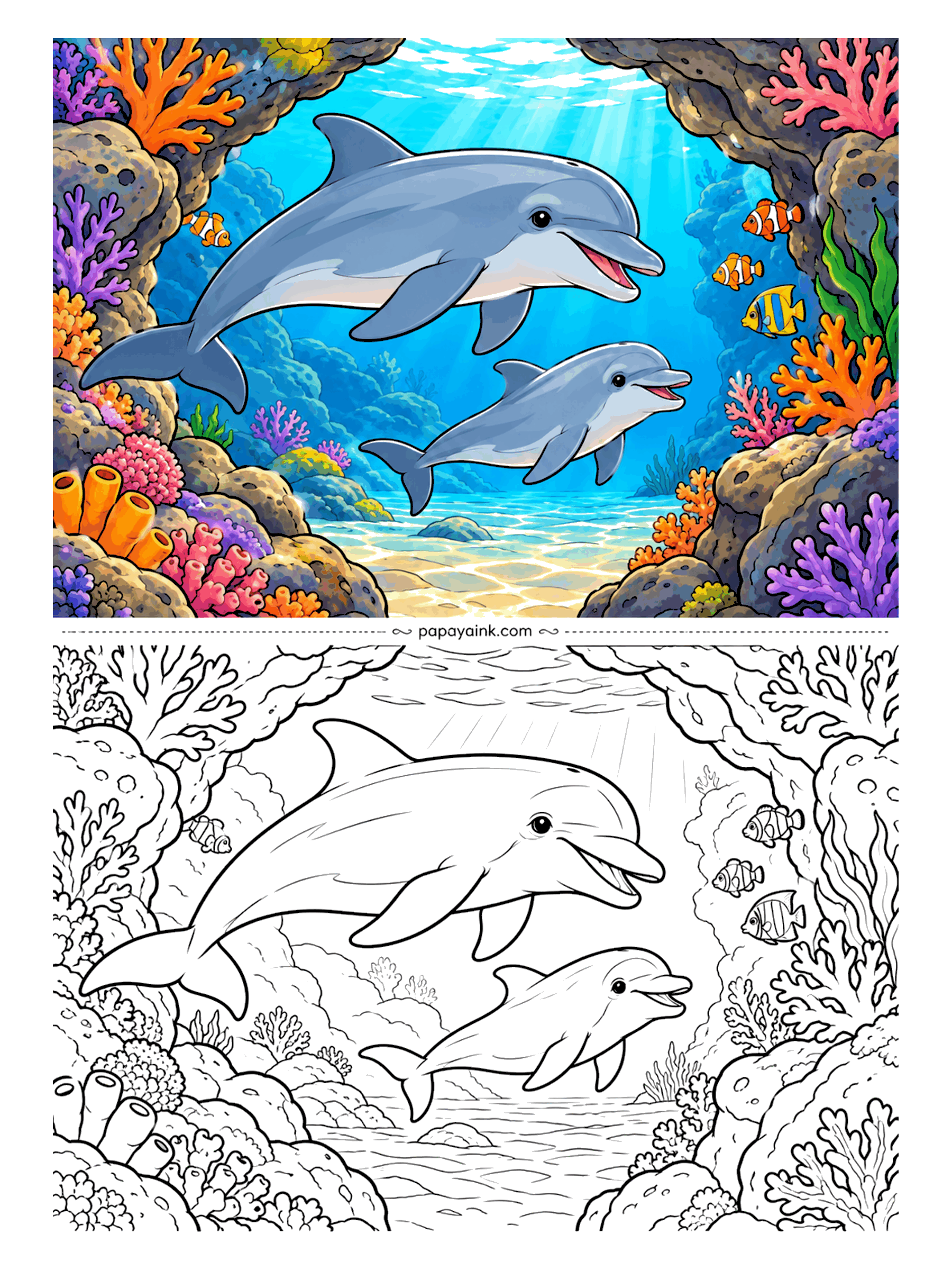 Dolphin Coloring Pages - Young dolphins ride in their mother's slipstream and let her push the water for both of them, and this calf has it figured out. Coral walls frame the pair, with small reef fish tucked into the corners. Lots of reef texture to work through.