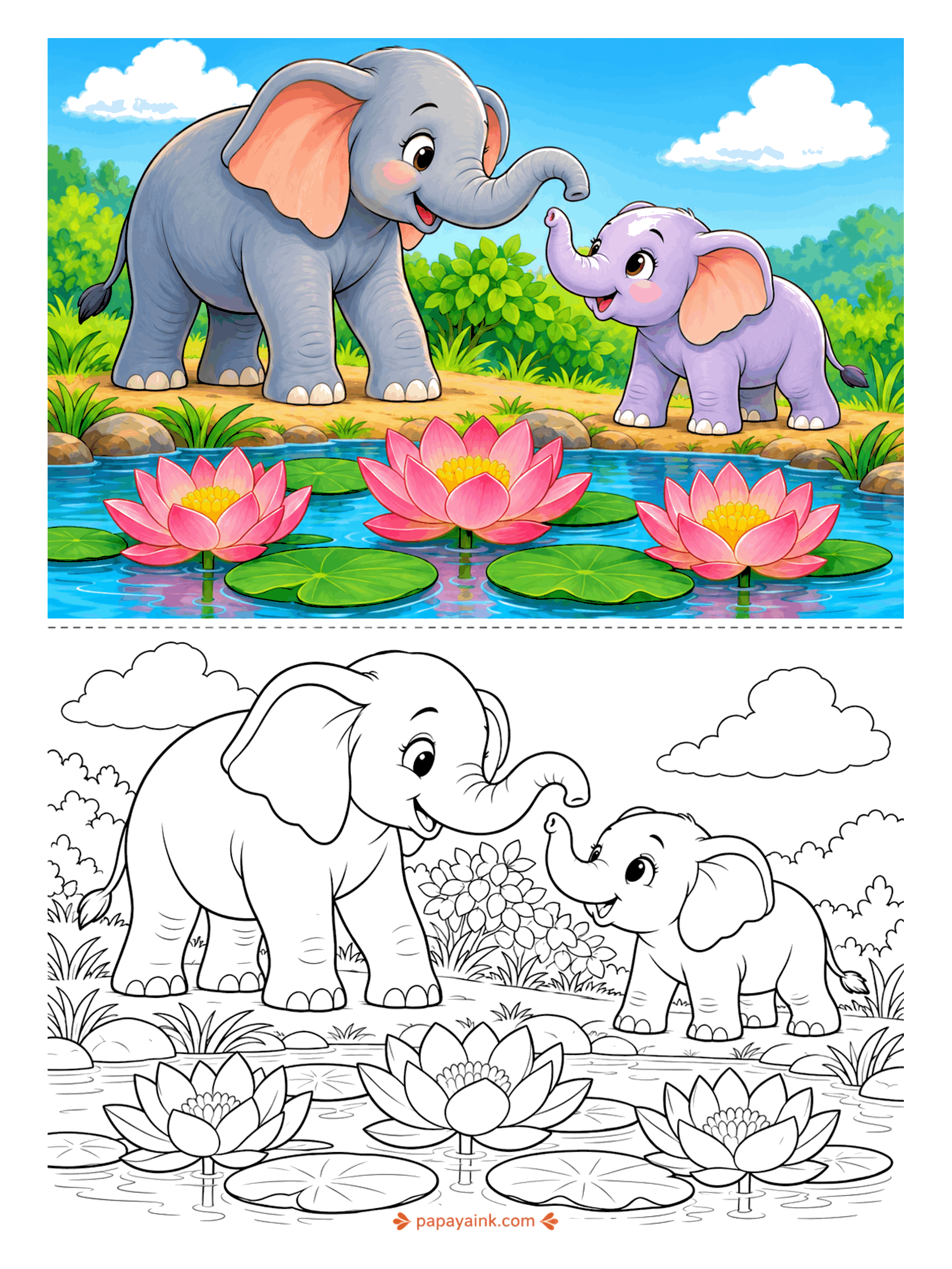 Elephant Coloring Pages - Trunks meet over the lotus pond in what passes for a handshake in this family. Mother and calf stand on the bank with the lilies wide open below. Big simple shapes - an easy page to start with.